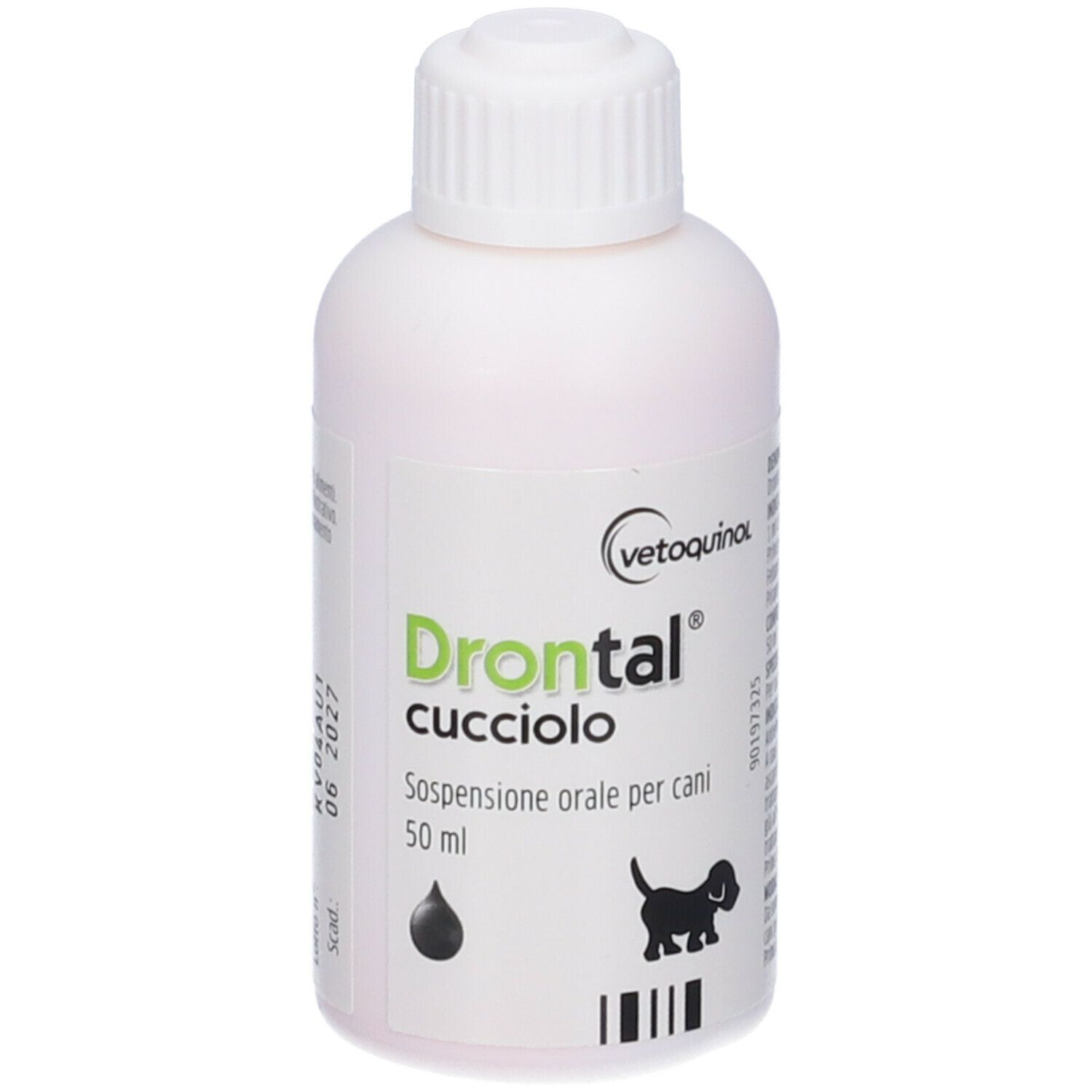 Flacone bianco con etichetta verde. Scritta: Drontal cucciolo, Sospensione orale per cani. Logo: cane.