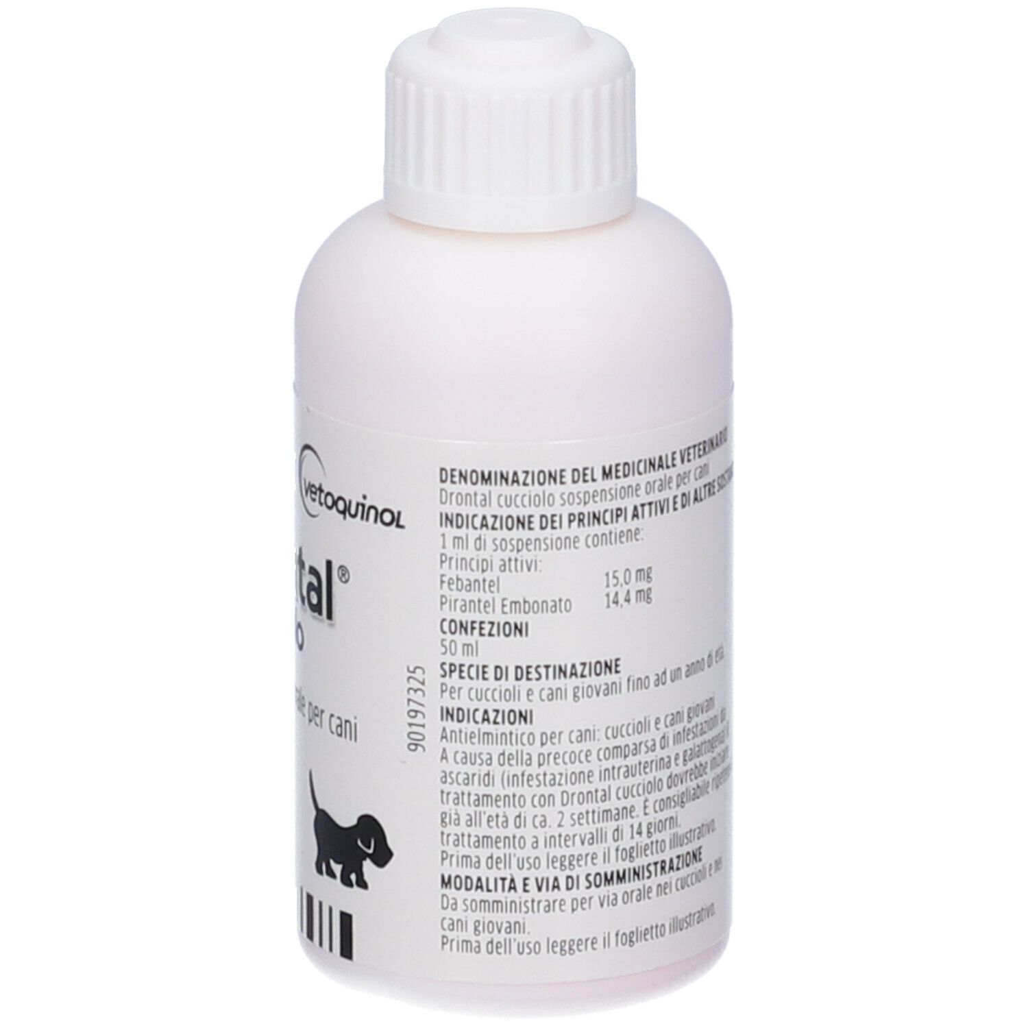 Flacone bianco con etichetta verde. Testo: Drontal cucciolo, Sospensione orale per cani. Ingredienti e dosaggio.