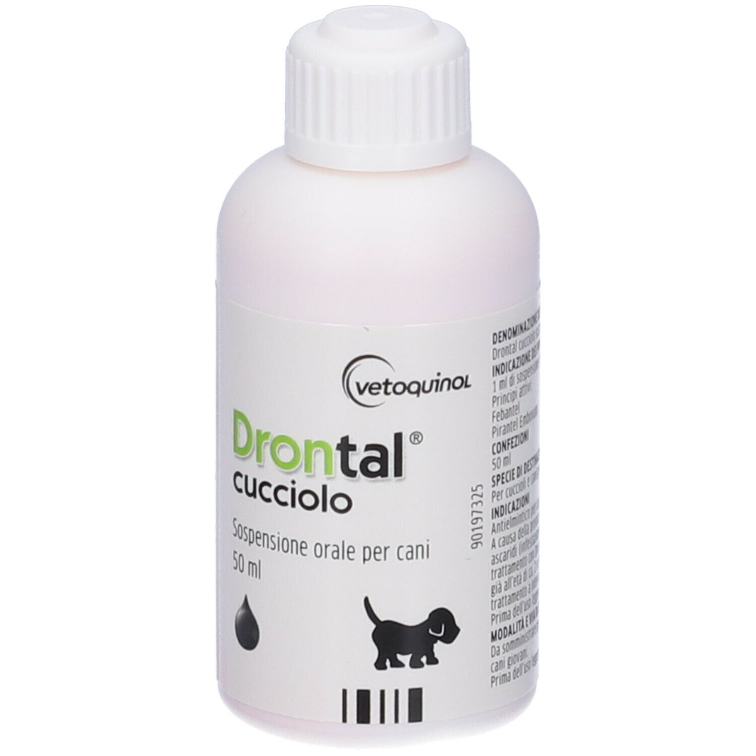 Flacone bianco con etichetta verde. Scritta: Drontal cucciolo, Sospensione orale per cani. Logo: cane.
