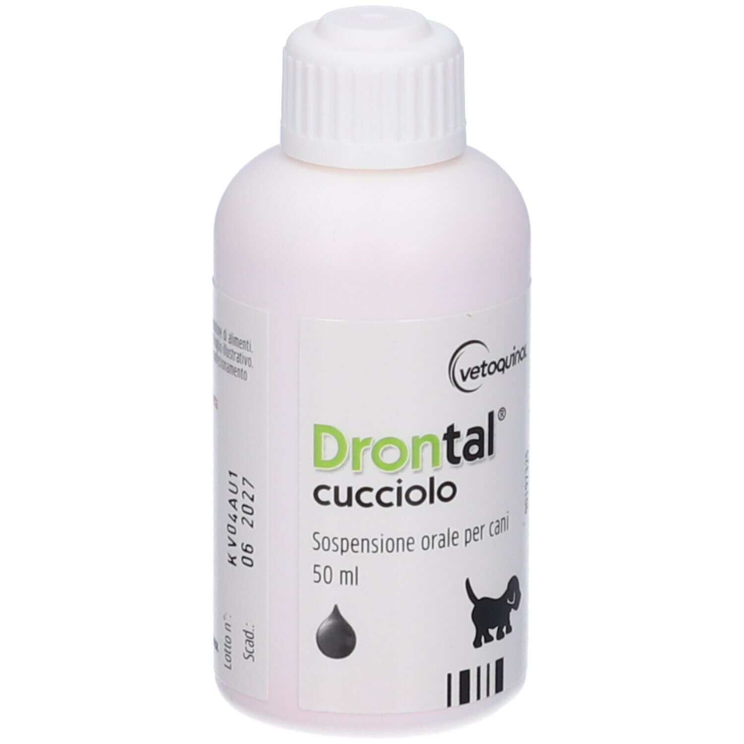 Flacone bianco con etichetta verde. Scritta: Drontal cucciolo, Sospensione orale per cani. Logo: cane. Scadenza.