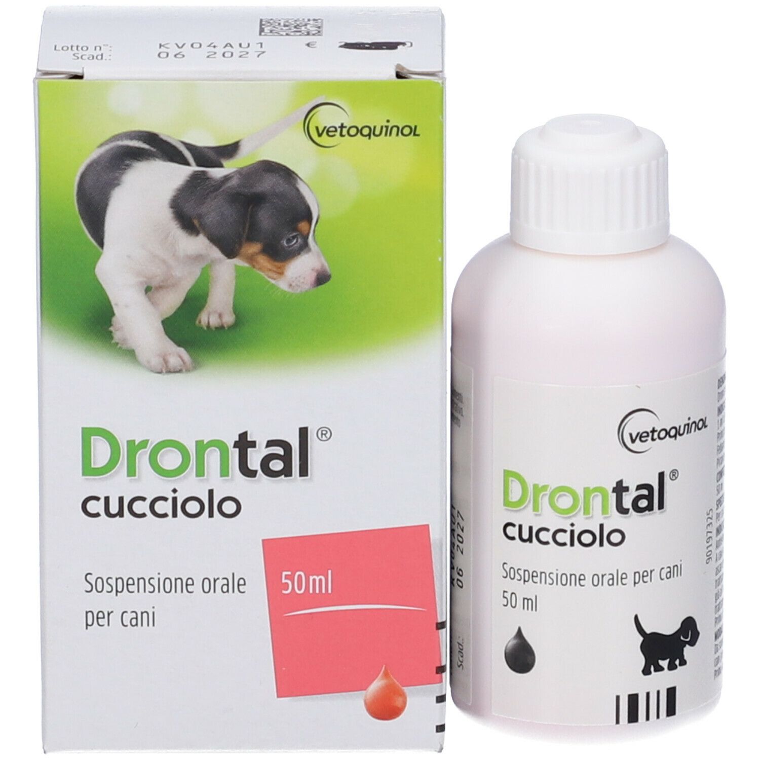 Prodotto e confezione. Flacone bianco e scatola. Scritta: Drontal cucciolo, Sospensione orale per cani.