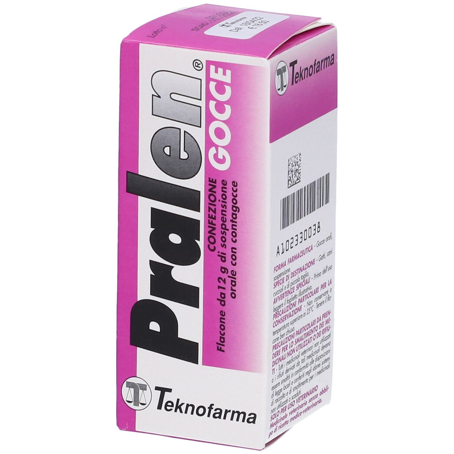 Confezione rosa e bianca. Scritta: Pralen Gocce, logo Teknofarma. Contiene flacone di gocce.