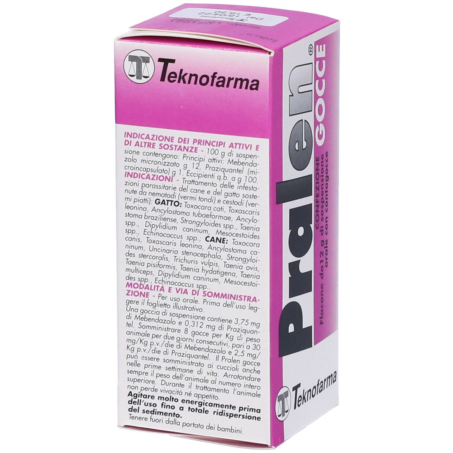 Confezione rosa e bianca. Scritta: Pralen Gocce, logo Teknofarma. Testo su ingredienti e uso.
