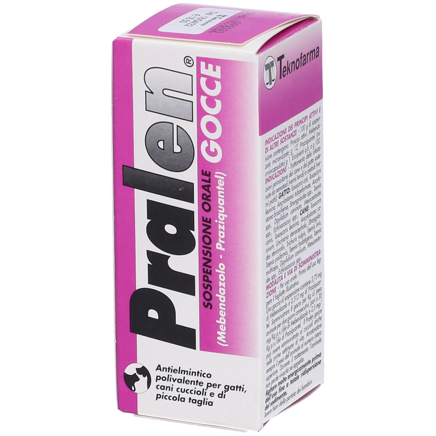 Confezione rosa e bianca. Scritta: Pralen Gocce, logo Teknofarma. Informazioni sull'uso.