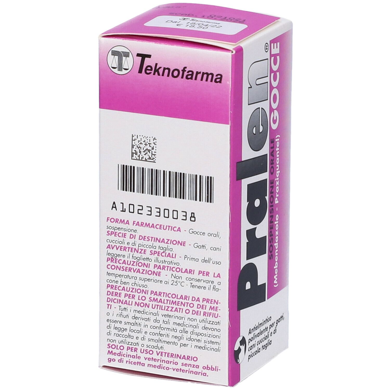 Confezione rosa e bianca. Scritta: Pralen Gocce, logo Teknofarma. Informazioni sull'uso.