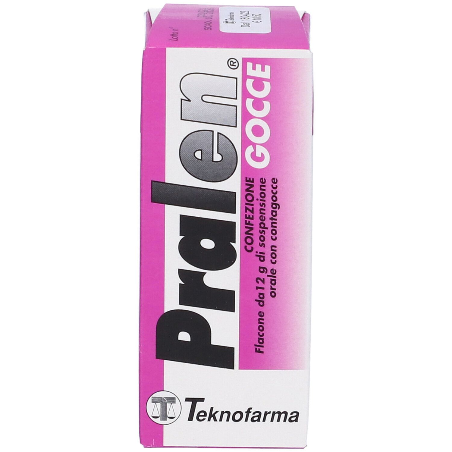 Confezione rosa e bianca. Scritta: Pralen Gocce, logo Teknofarma. Contiene flacone di gocce.