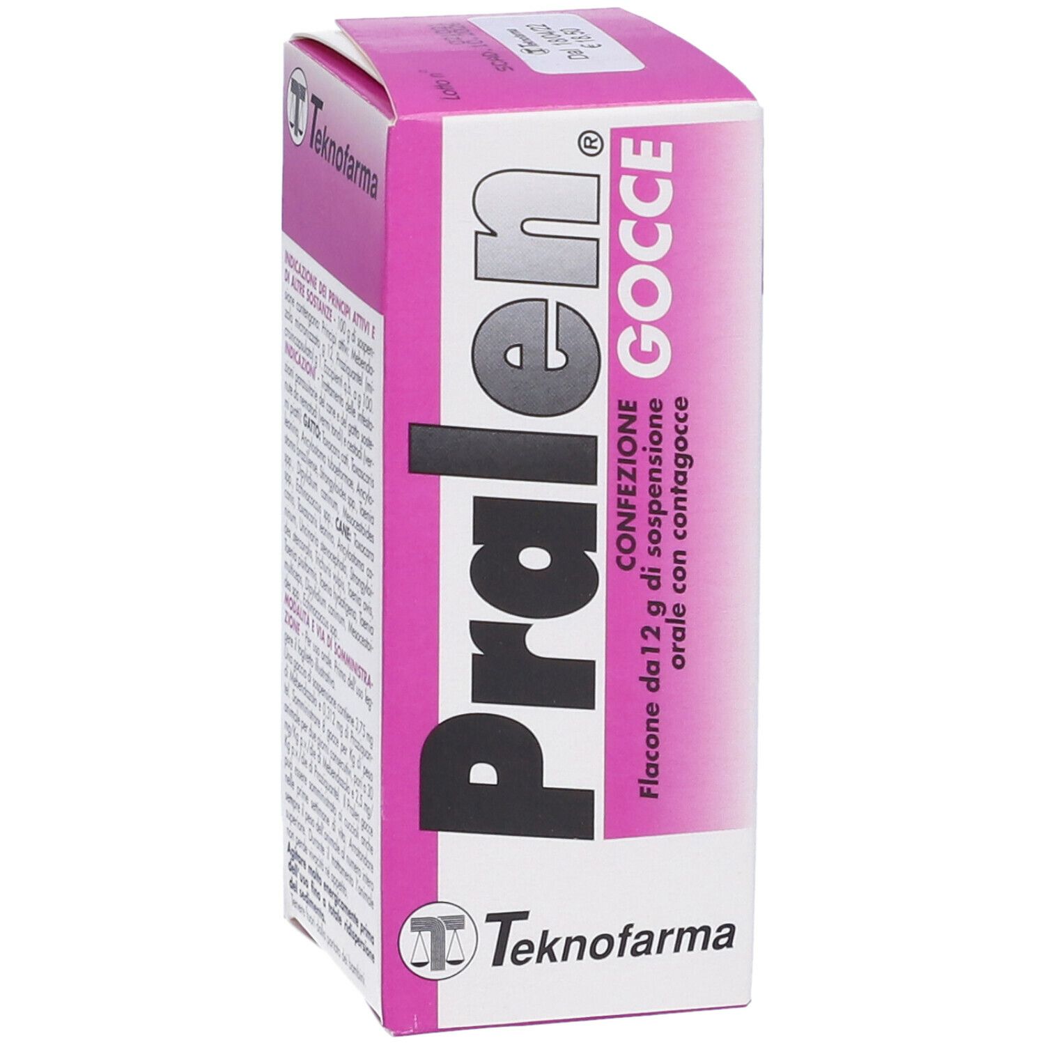 Confezione rosa e bianca. Scritta: Pralen Gocce, logo Teknofarma. Contiene flacone di gocce.