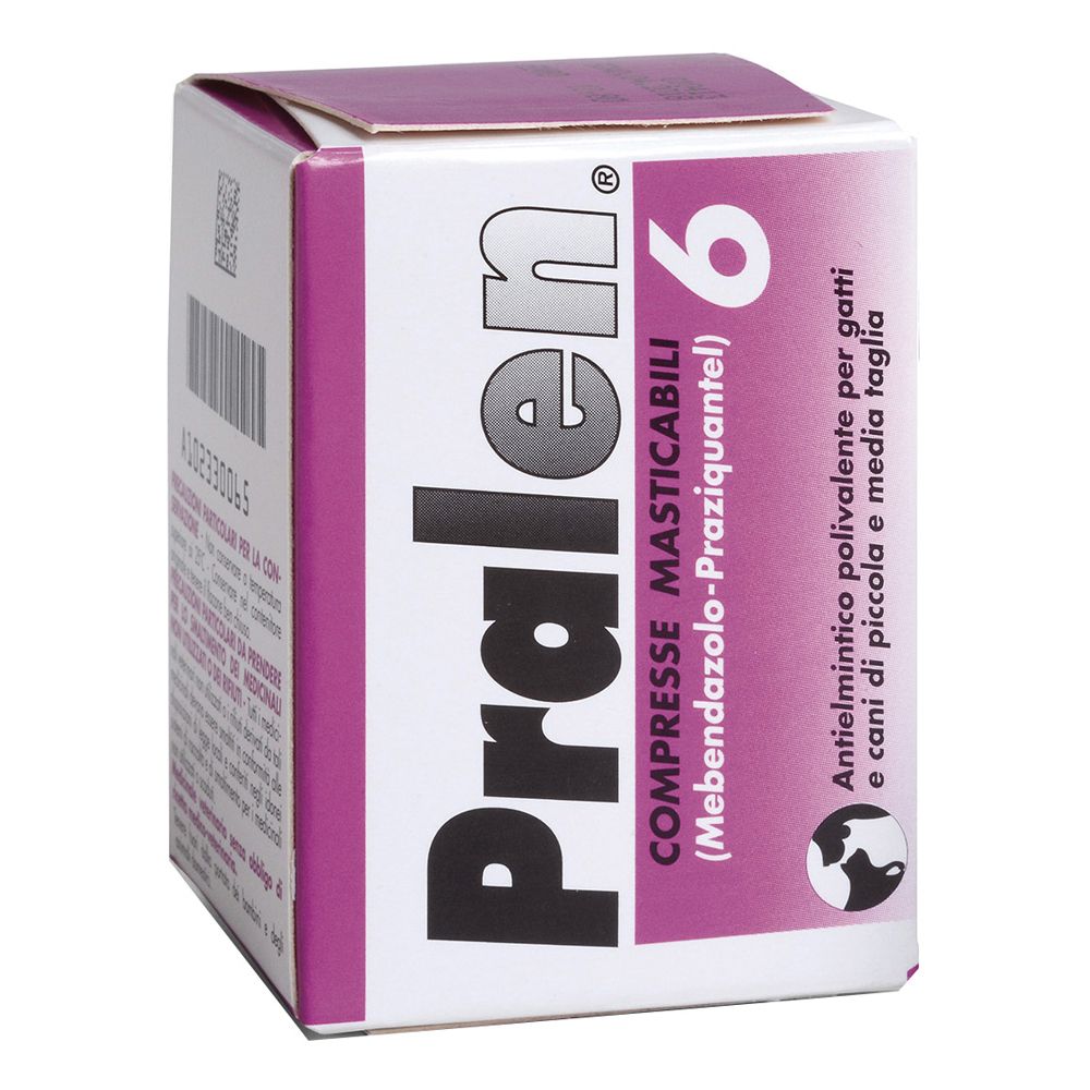 Scatola "Pralen 6". Rosa e bianco. Scritto: Compresse Masticabili, Antielmintico polivalente per gatti e cani.