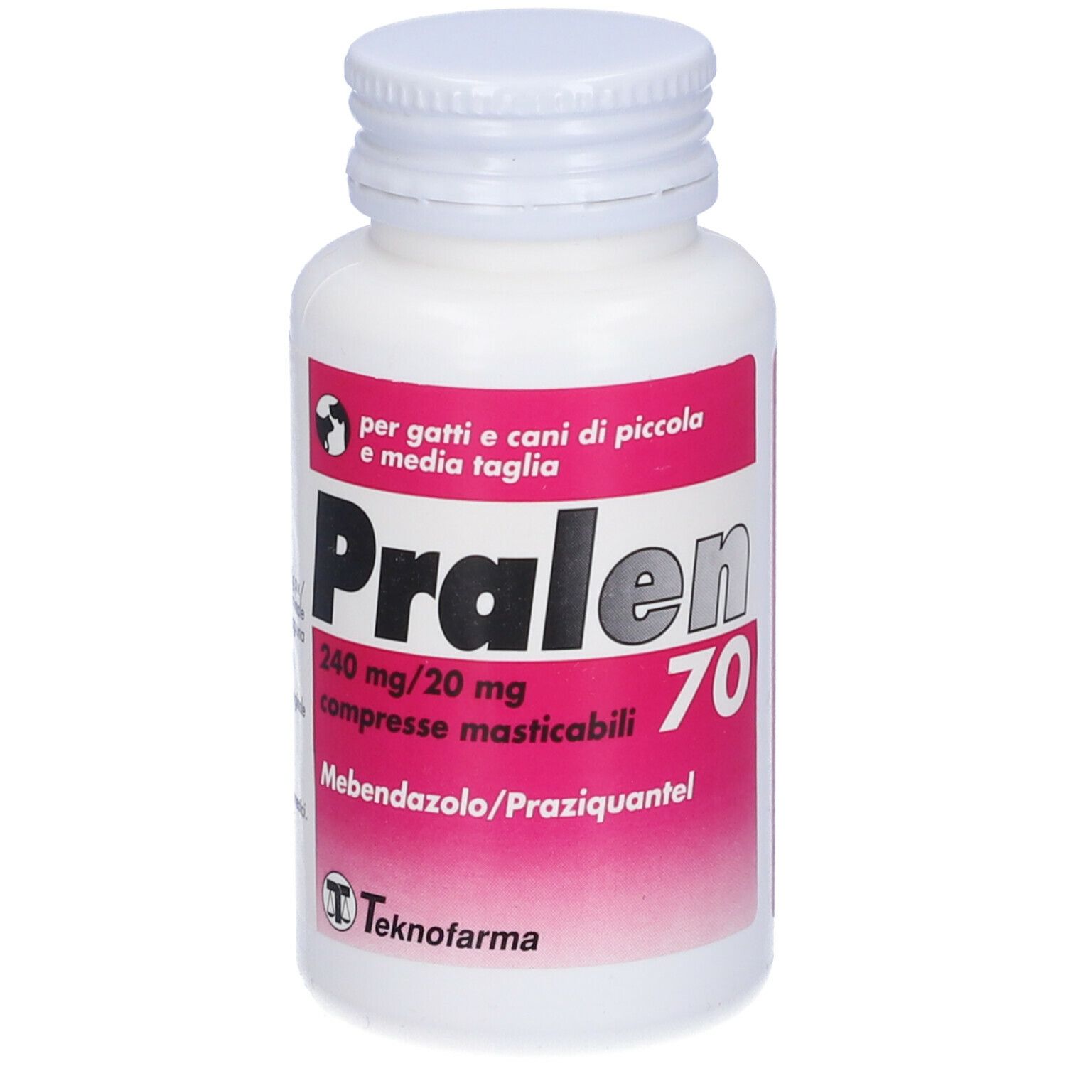 Flacone bianco "Pralen 70". Etichetta rosa. Scritto: 240 mg/20 mg compresse masticabili.