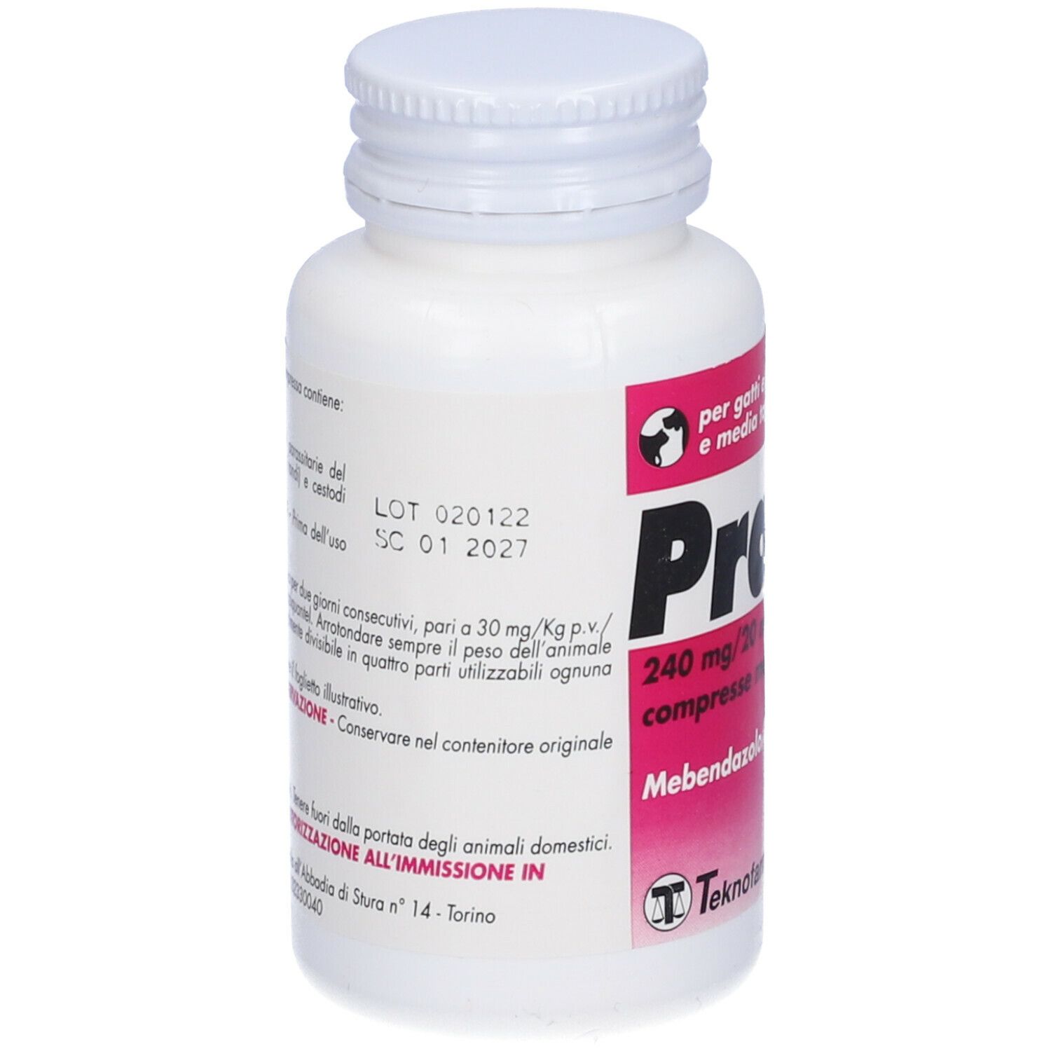 Flacone bianco "Pralen 70". Etichetta rosa. Scritto: 240 mg/20 mg compresse masticabili.