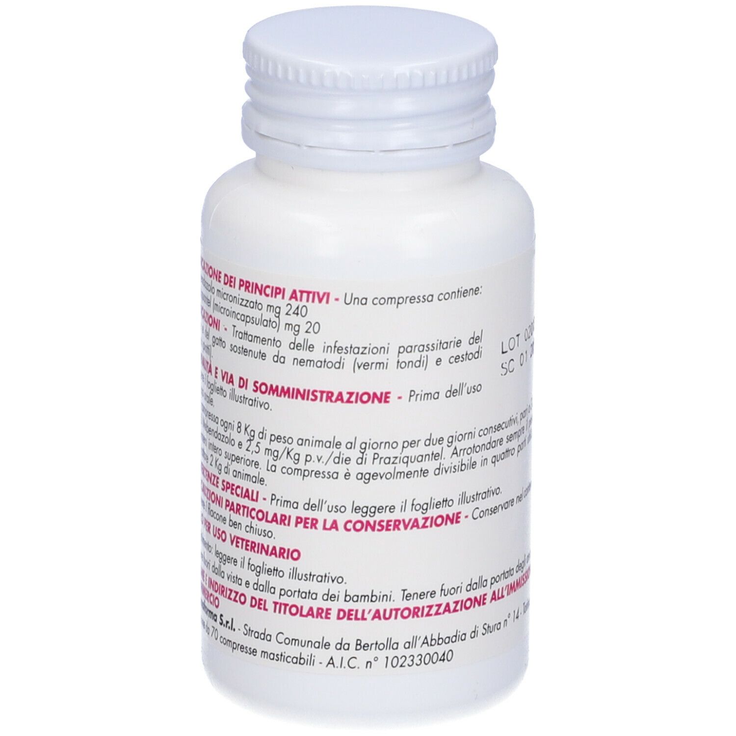 Flacone bianco "Pralen 70". Etichetta rosa. Scritto: 240 mg/20 mg compresse masticabili.