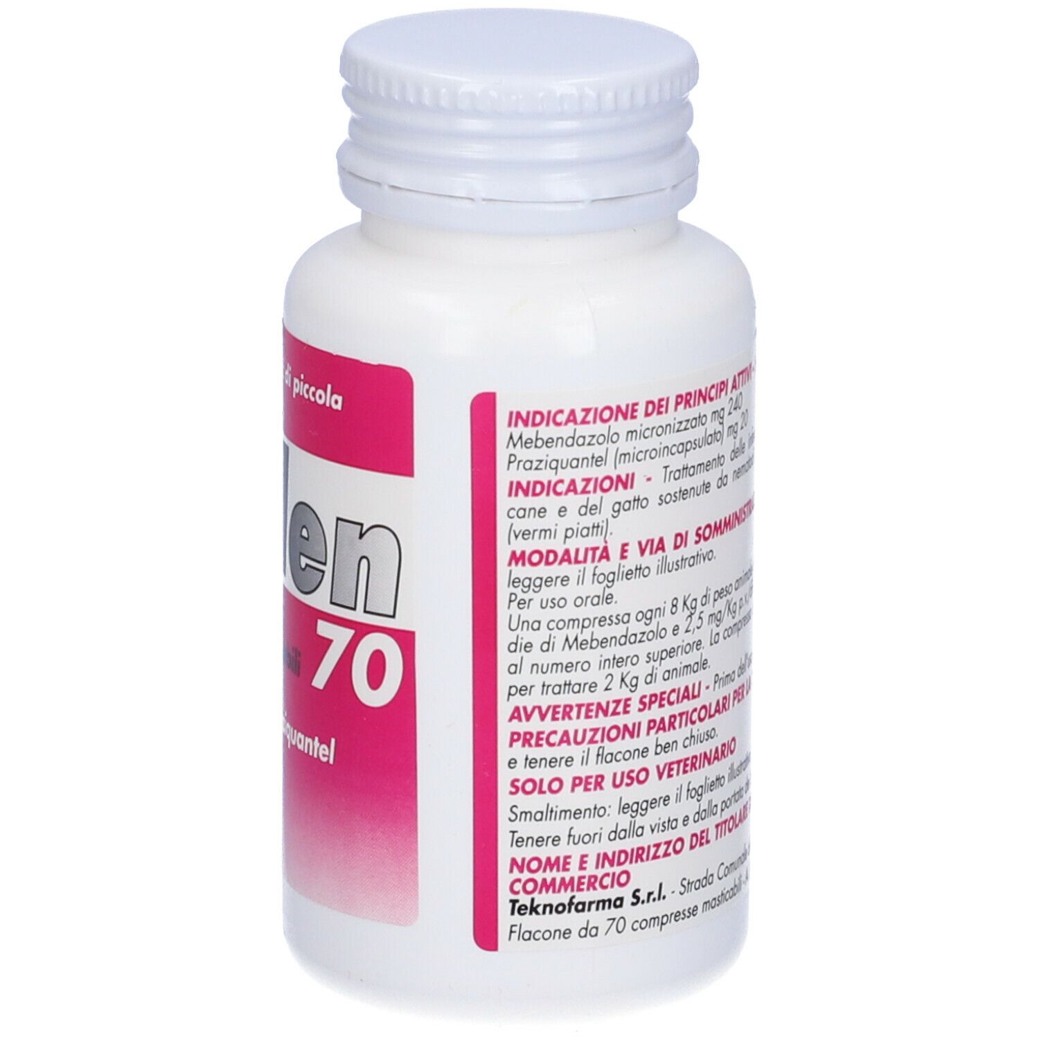 Flacone bianco "Pralen 70". Etichetta rosa. Scritto: 240 mg/20 mg compresse masticabili.