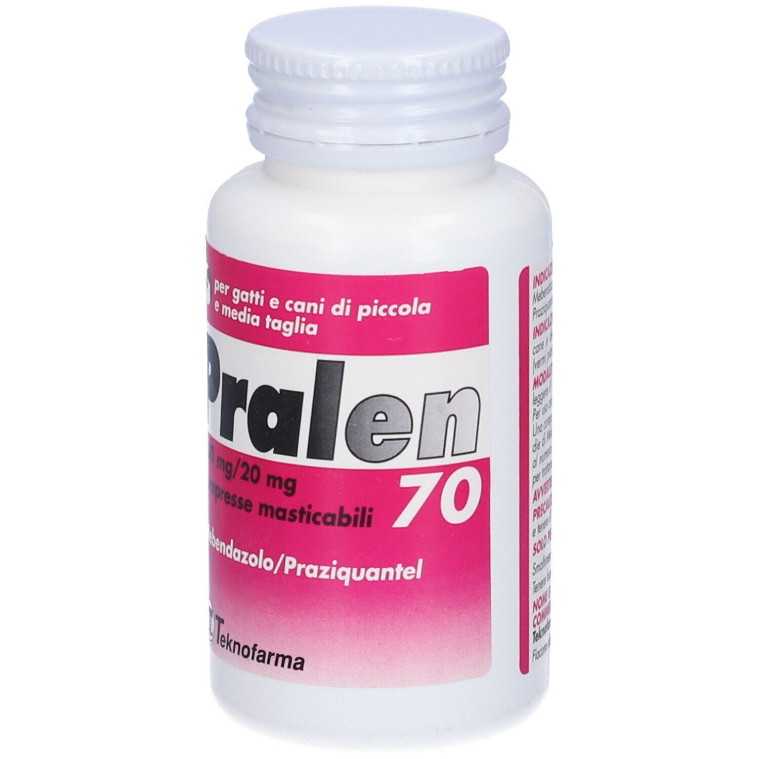 Flacone bianco "Pralen 70". Etichetta rosa. Scritto: 240 mg/20 mg compresse masticabili.