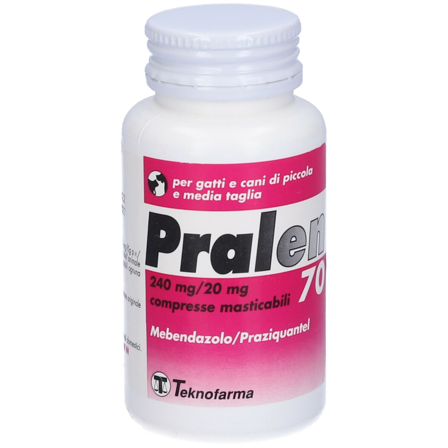 Flacone bianco "Pralen 70". Etichetta rosa. Scritto: 240 mg/20 mg compresse masticabili.