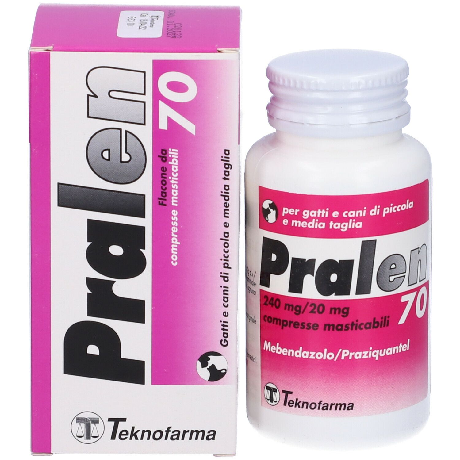Flacone e scatola "Pralen 70". Rosa e bianco. Scritto: 240 mg/20 mg compresse masticabili.