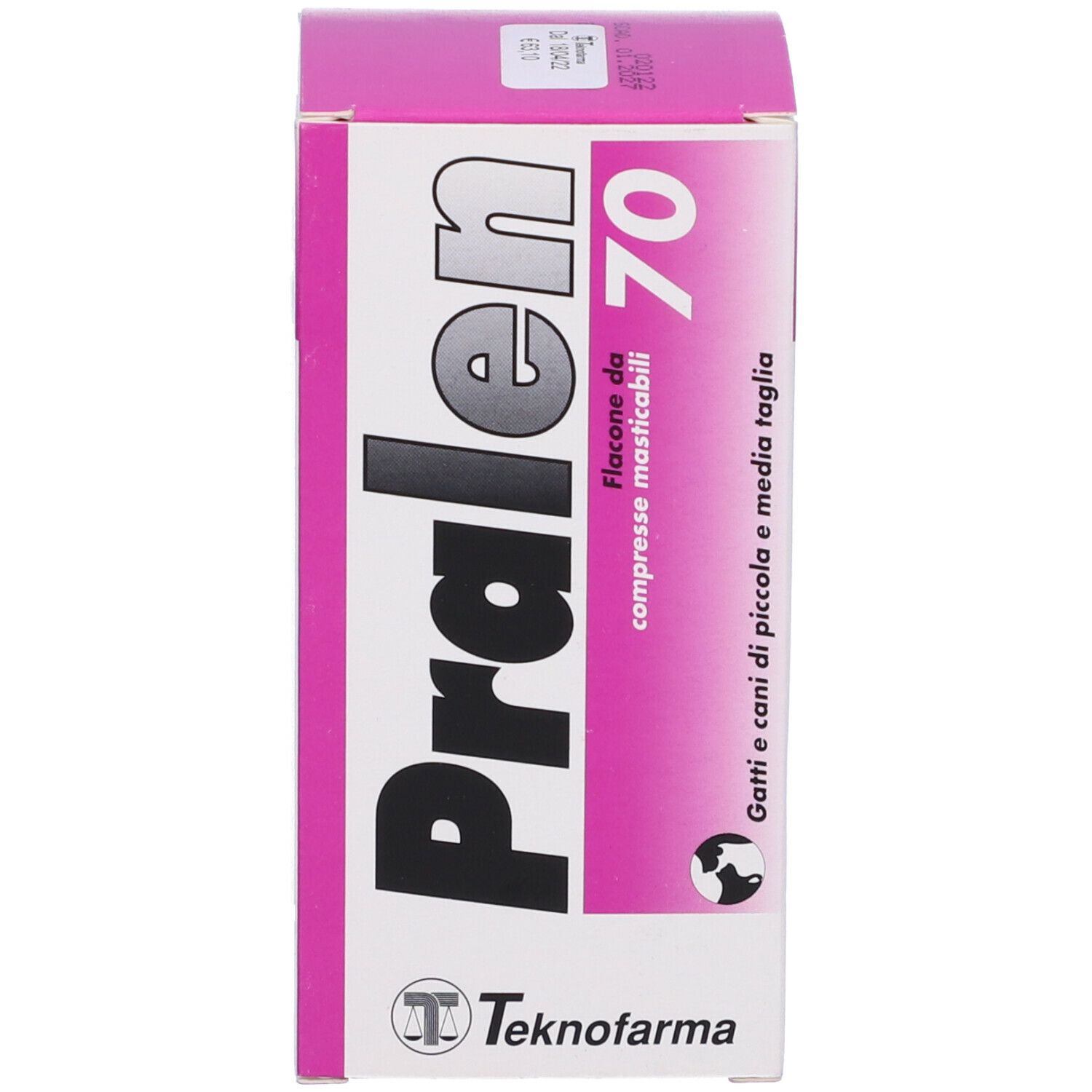 Scatola "Pralen 70". Rosa e bianco. Scritto: 240 mg/20 mg compresse masticabili.
