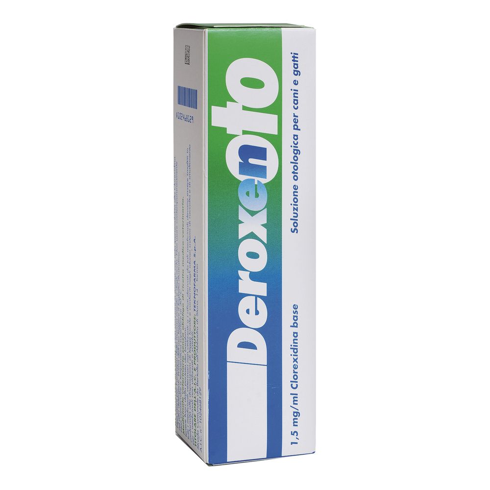 Scatola verde e bianca. Scritto: Deroxen Oto, soluzione per cani e gatti. 1,5 mg/ml base di clorexidina.