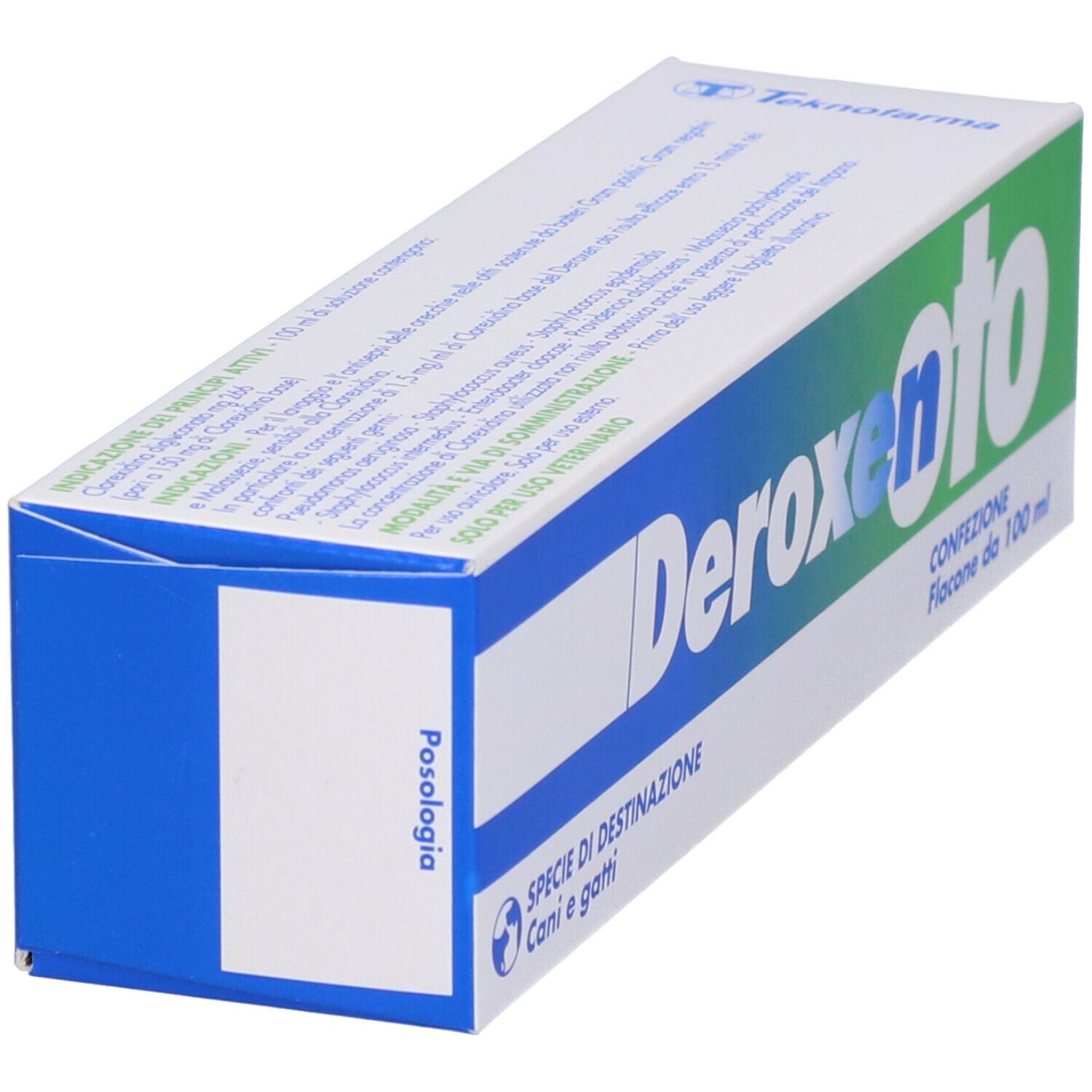 Scatola verde e bianca. Scritto: Deroxen Oto. Per cani e gatti. Flacone da 100 ml.