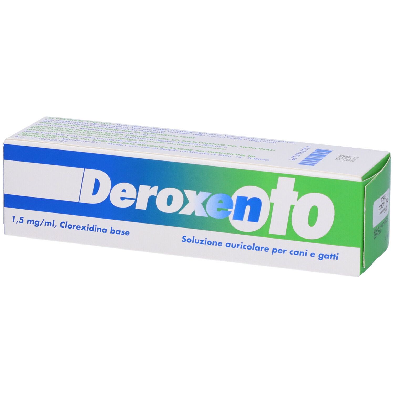Scatola rettangolare verde e bianca. Scritto: Deroxen Oto. Per cani e gatti. Flacone da 100 ml.