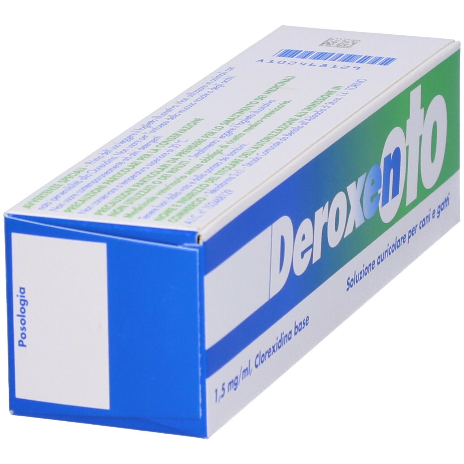 Scatola verde e bianca. Scritto: Deroxen Oto. Per cani e gatti. Flacone da 100 ml.