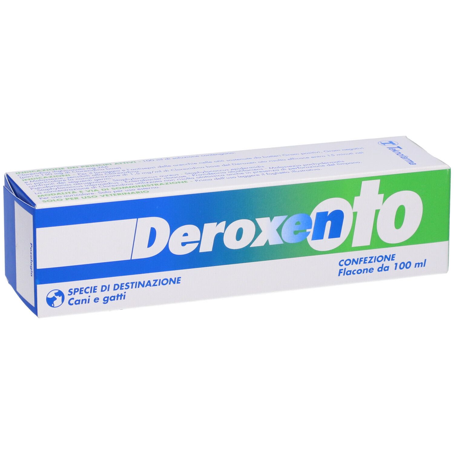 Scatola rettangolare verde e bianca. Scritto: Deroxen Oto. Per cani e gatti. Flacone da 100 ml.