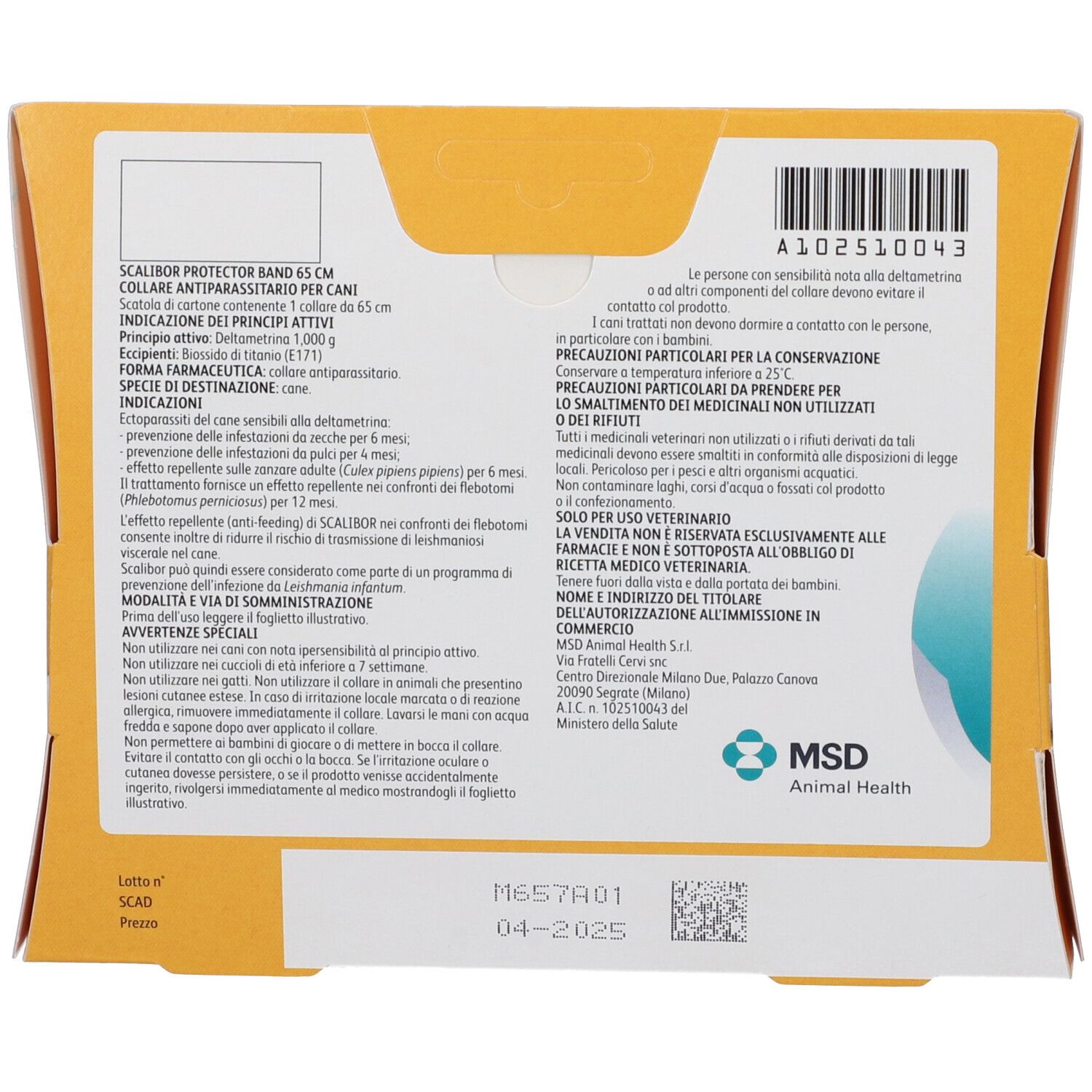 Retro della confezione. Testo: Scalibor Protector Band 65 cm. Testi e loghi. MSD Animal Health.