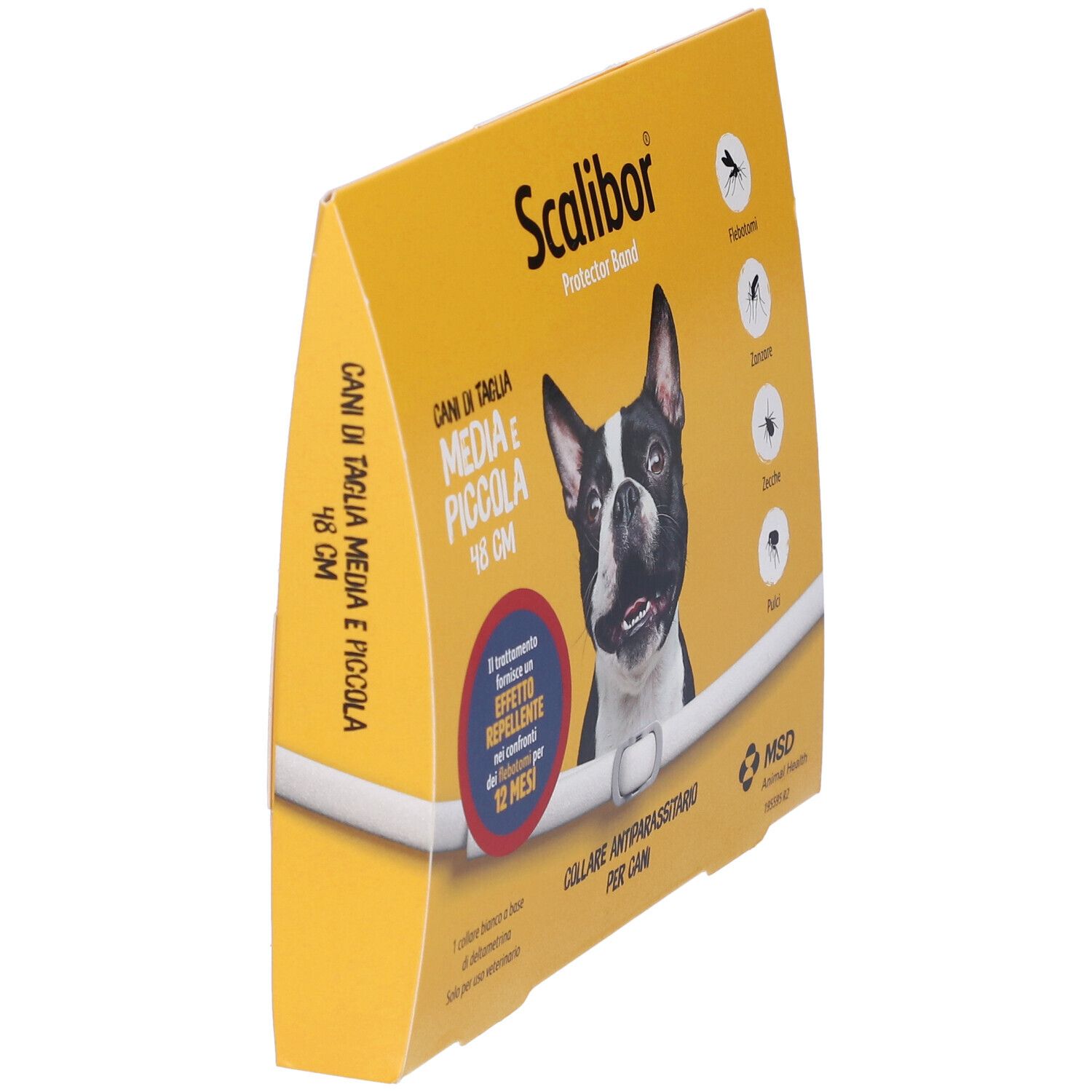 Scatola gialla con cane, collare bianco e testo: Scalibor Protector Band. Per cani di taglia media e piccola, 48 cm. Vista laterale.