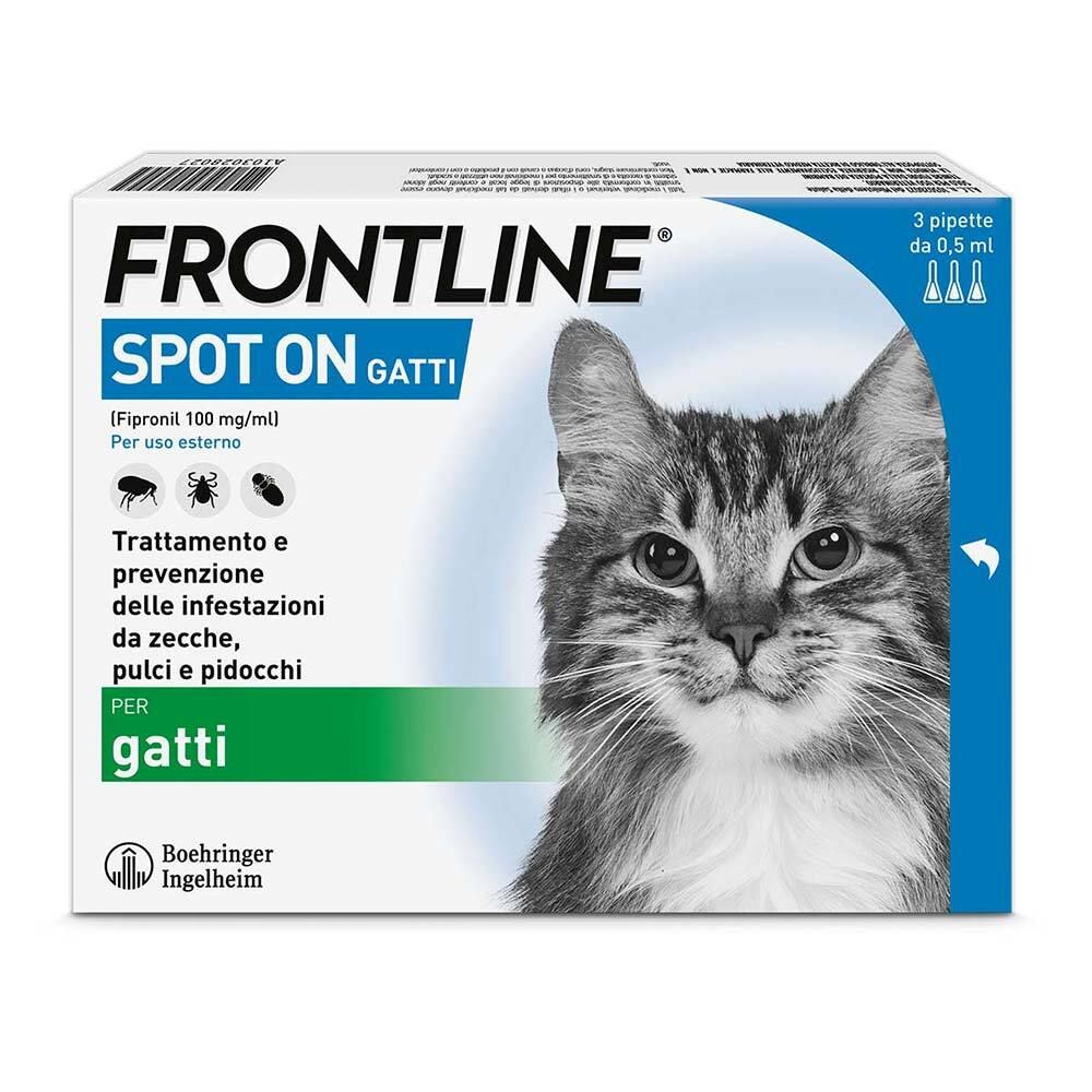 Confezione di FRONTLINE SPOT-ON GATTI. Contiene 3 pipette. Gatto sulla confezione.
