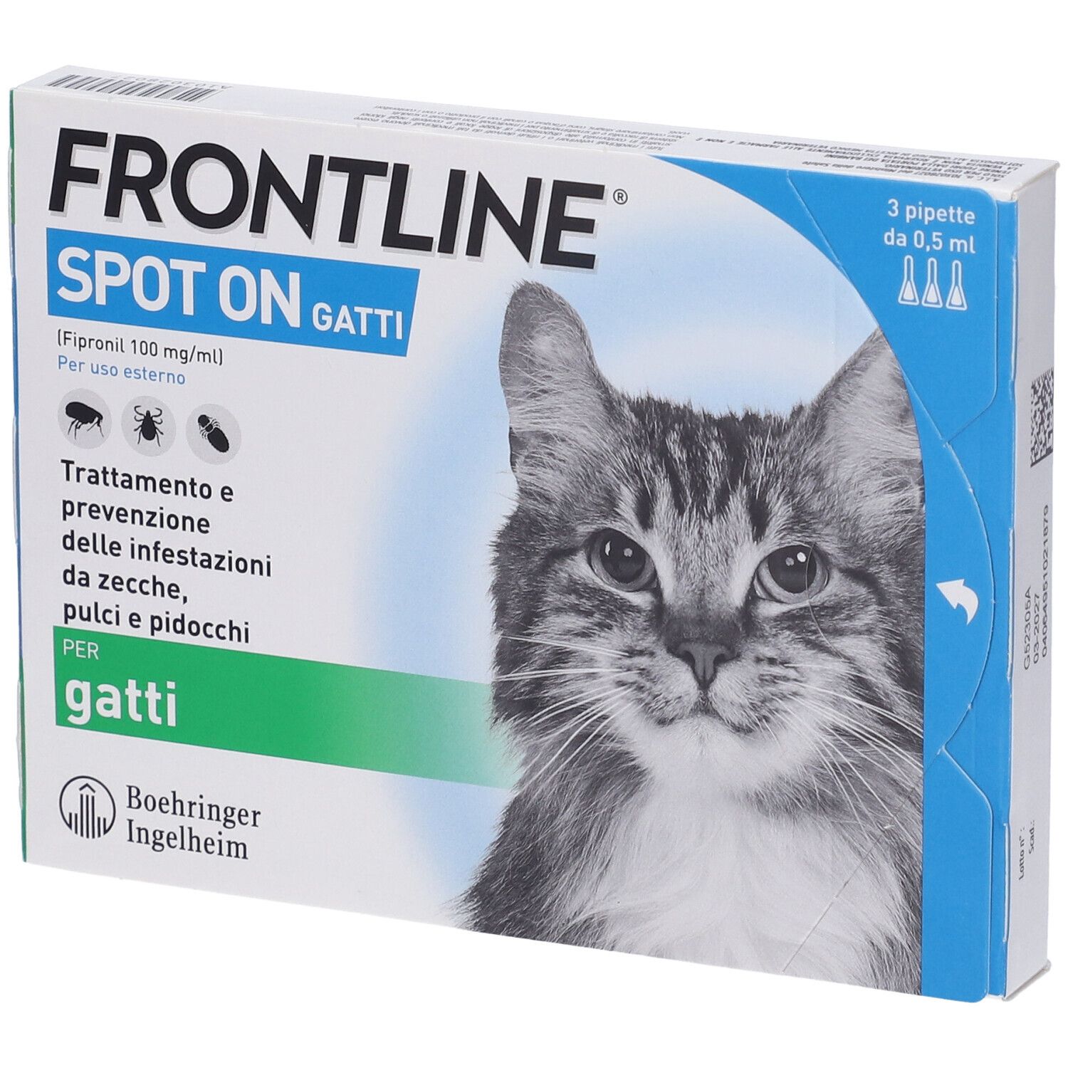 Confezione FRONTLINE SPOT-ON GATTI. Contiene 3 pipette. Gatto sulla confezione.