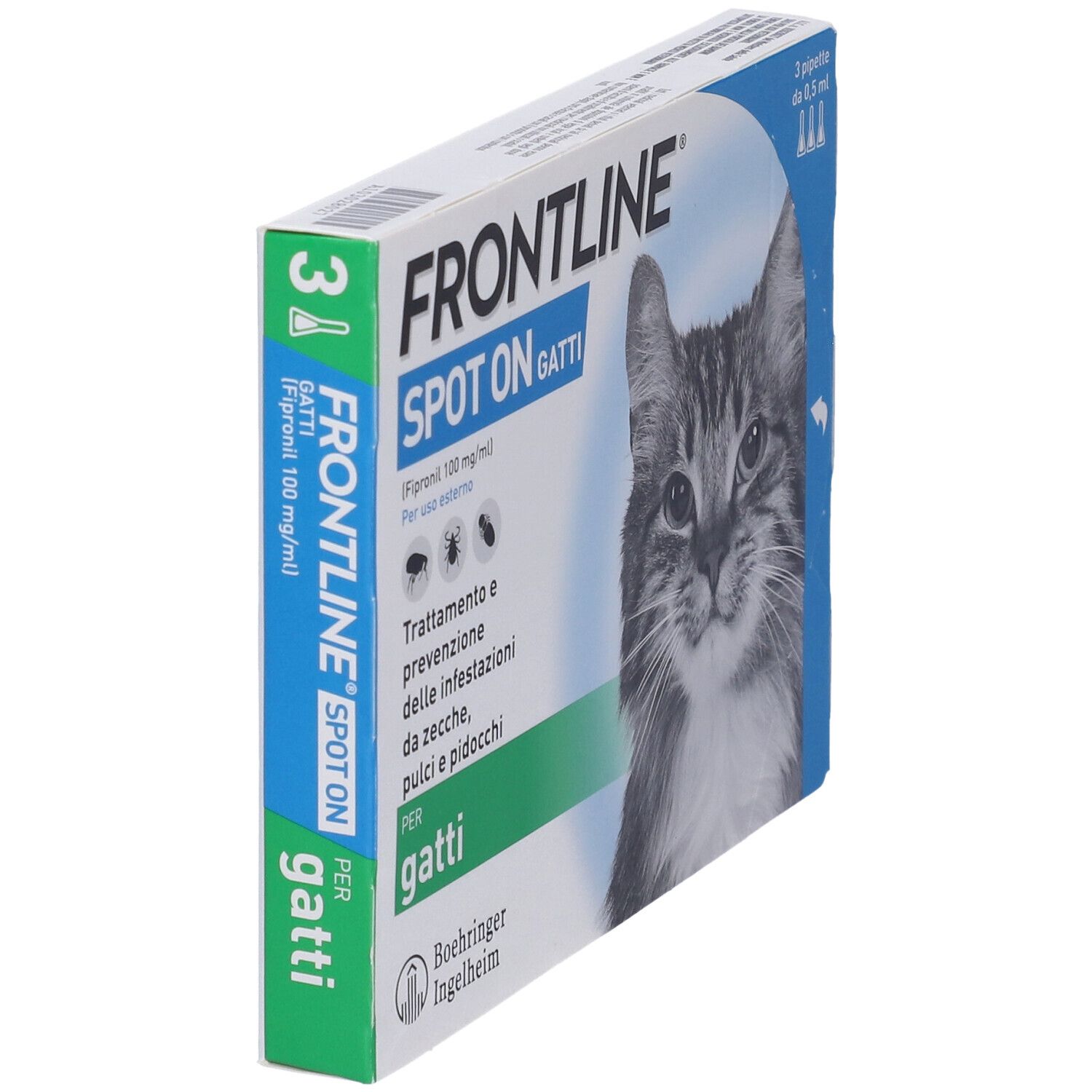 Confezione FRONTLINE SPOT-ON GATTI. Contiene 3 pipette. Gatto sulla confezione.
