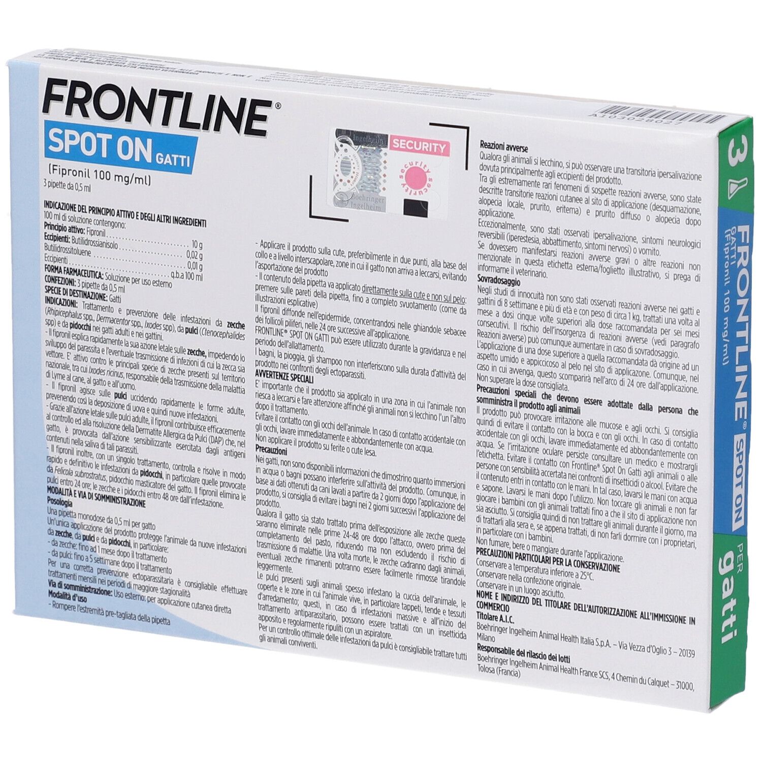 Retro della confezione FRONTLINE SPOT-ON GATTI. Informazioni testuali.