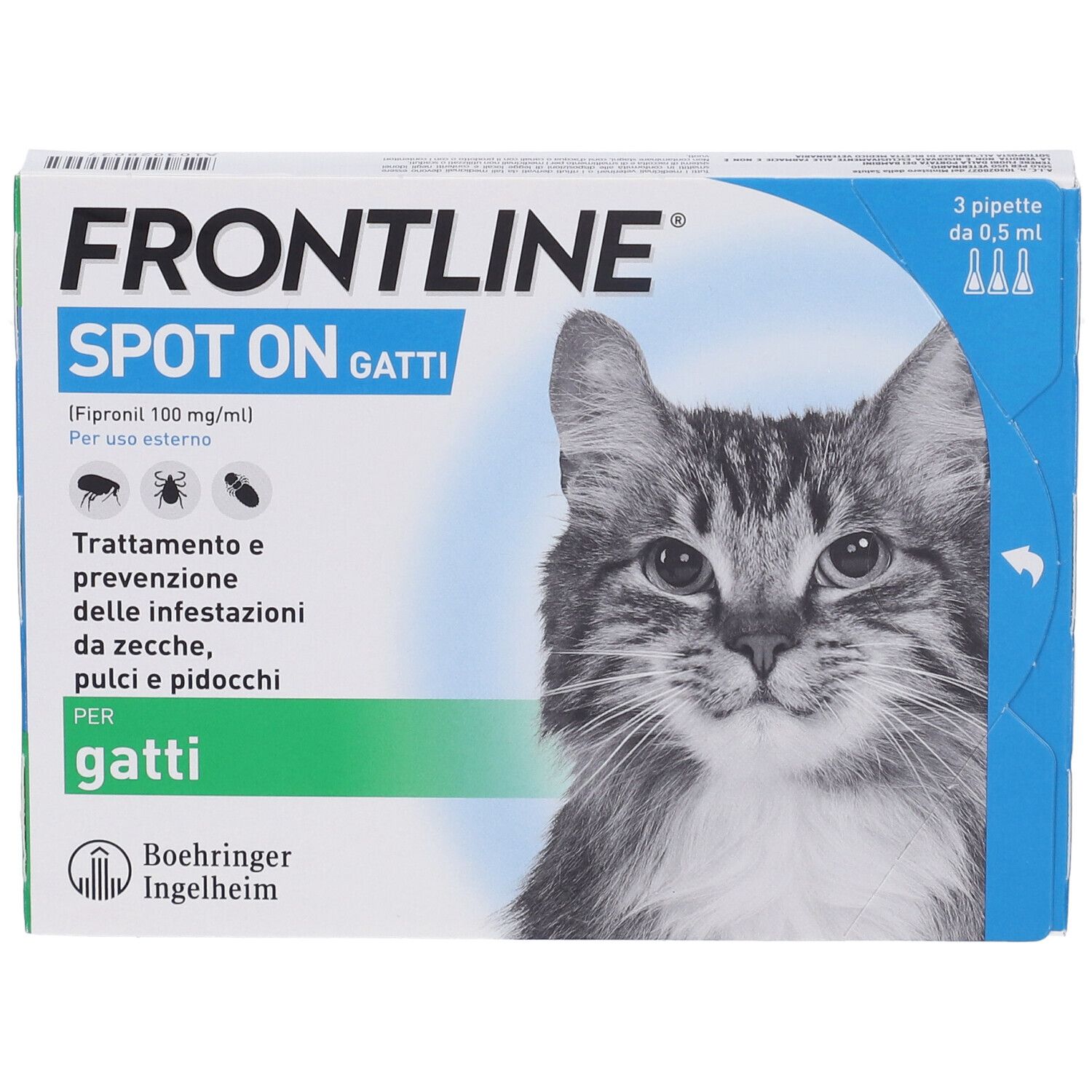 Confezione FRONTLINE SPOT-ON GATTI. Contiene 3 pipette. Gatto sulla confezione.