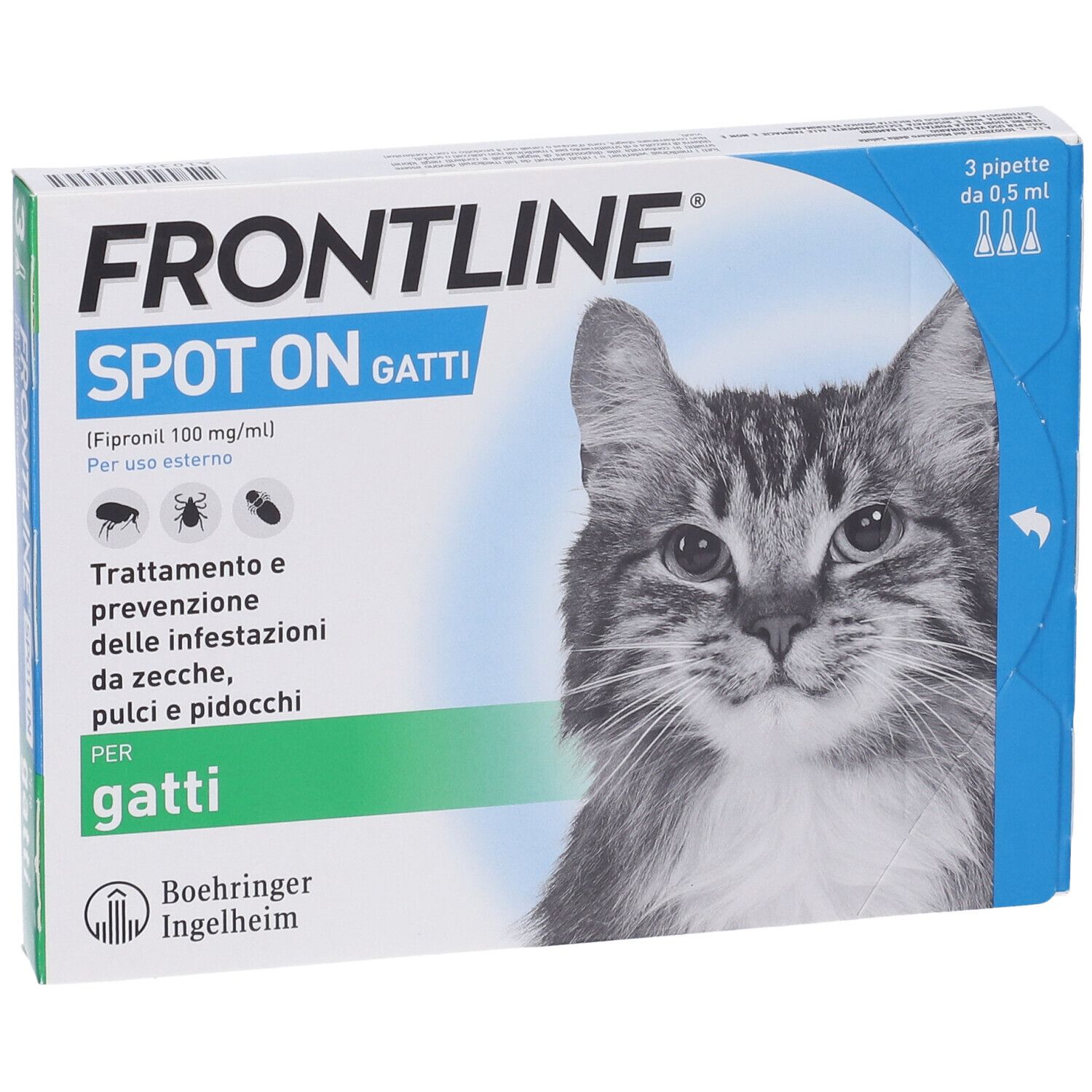 Confezione FRONTLINE SPOT-ON GATTI. Contiene 3 pipette. Gatto sulla confezione.