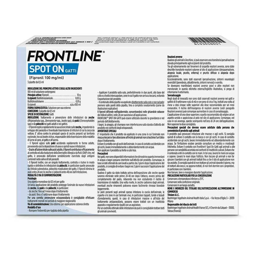 Retro della confezione FRONTLINE SPOT-ON GATTI. Informazioni testuali e ingredienti.