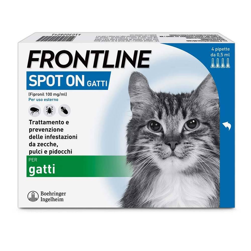 Confezione di Frontline Spot On Gatti. Contiene 4 pipette. Contro zecche, pulci e pidocchi.