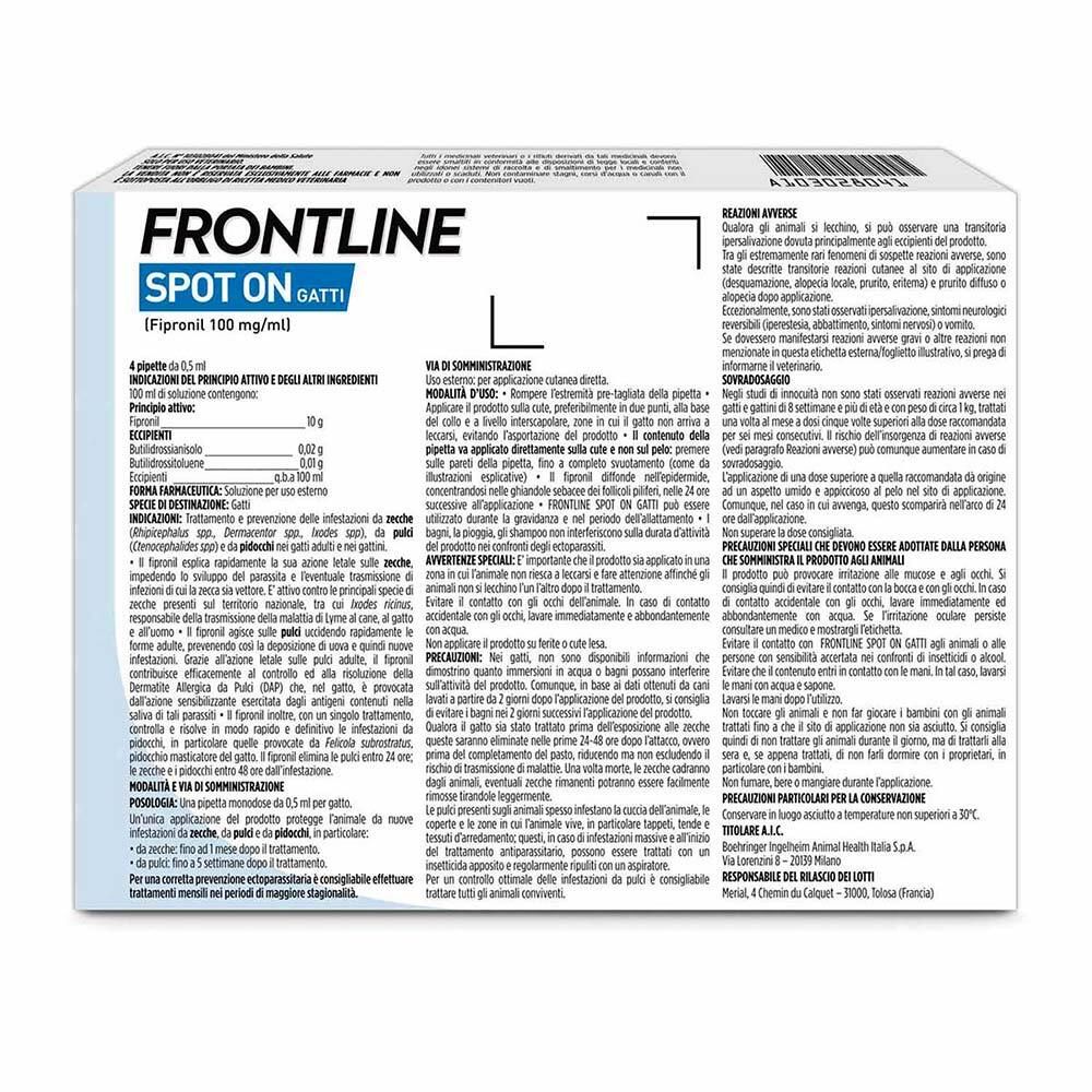Retro della confezione Frontline Spot On Gatti. Contiene informazioni su ingredienti e utilizzo.