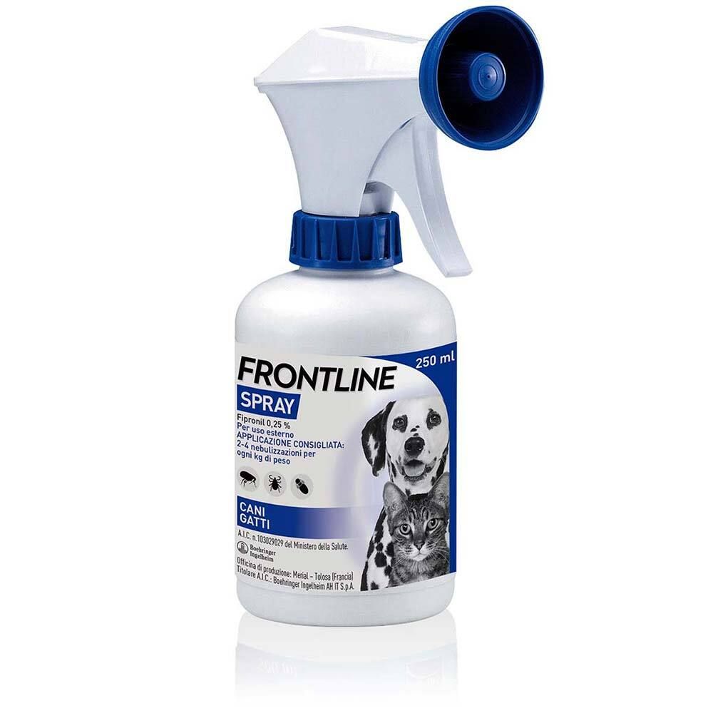 Flacone spray bianco con erogatore blu. Scritta: Frontline Spray. Immagine cane e gatto. 250 ml.