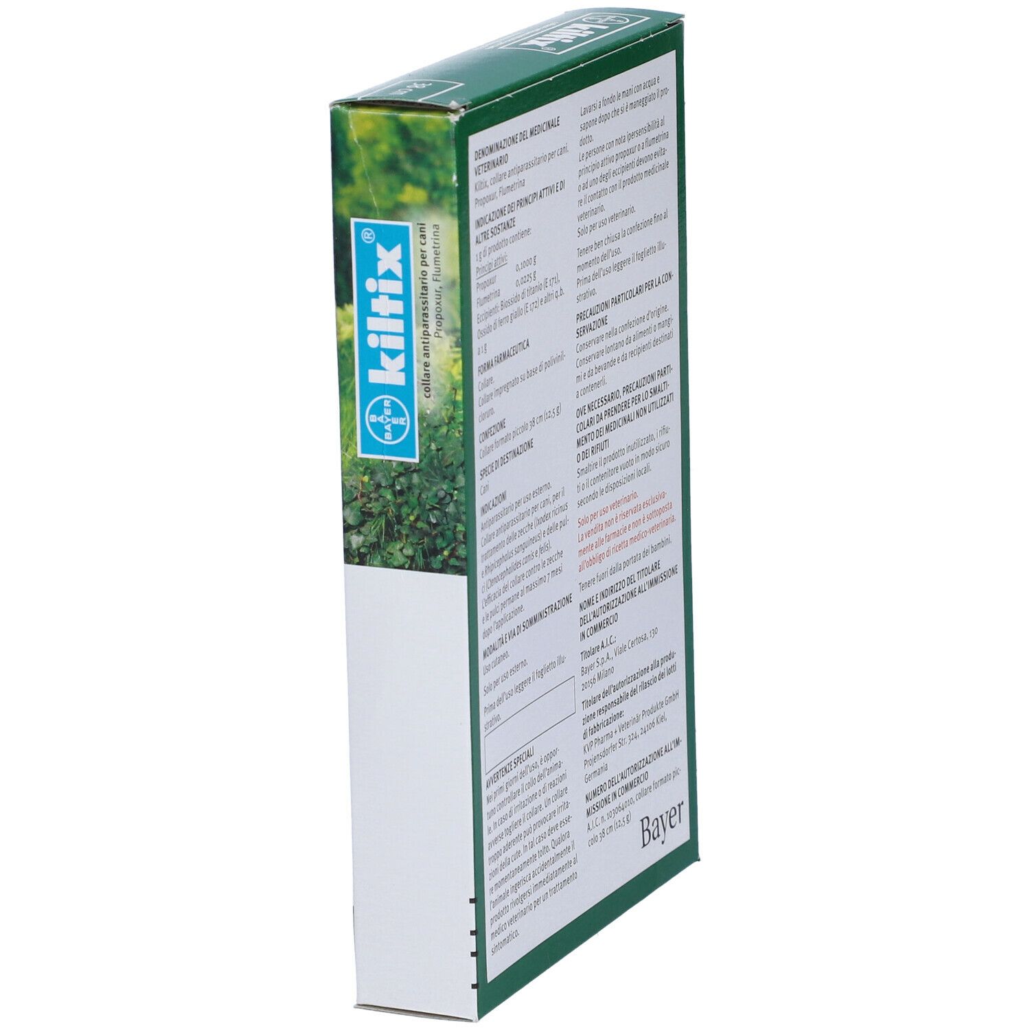 Lato confezione Kiltix. Testo in italiano. Logo Bayer. Informazioni sul prodotto.