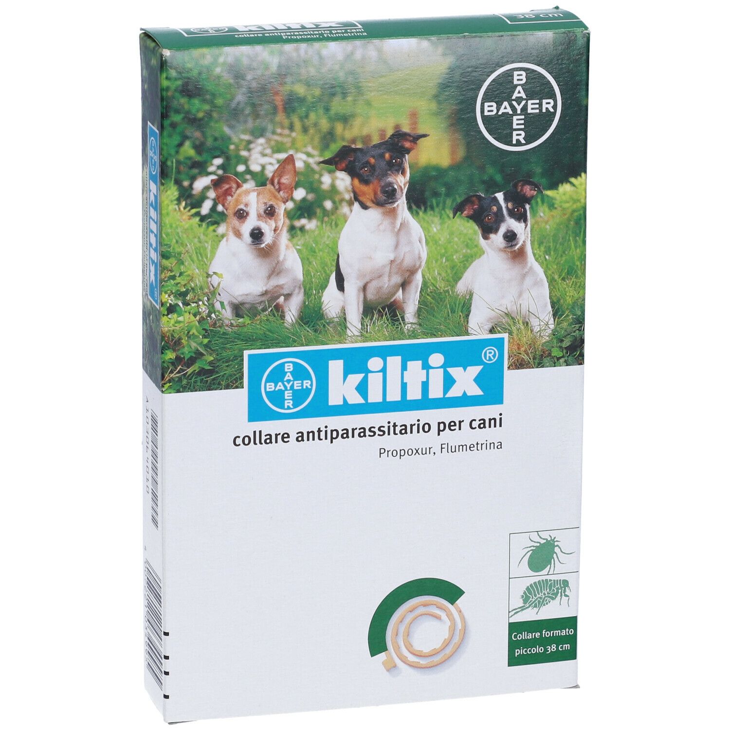 Confezione Kiltix. Logo Bayer. Nome e descrizione del prodotto. Immagine di cani.