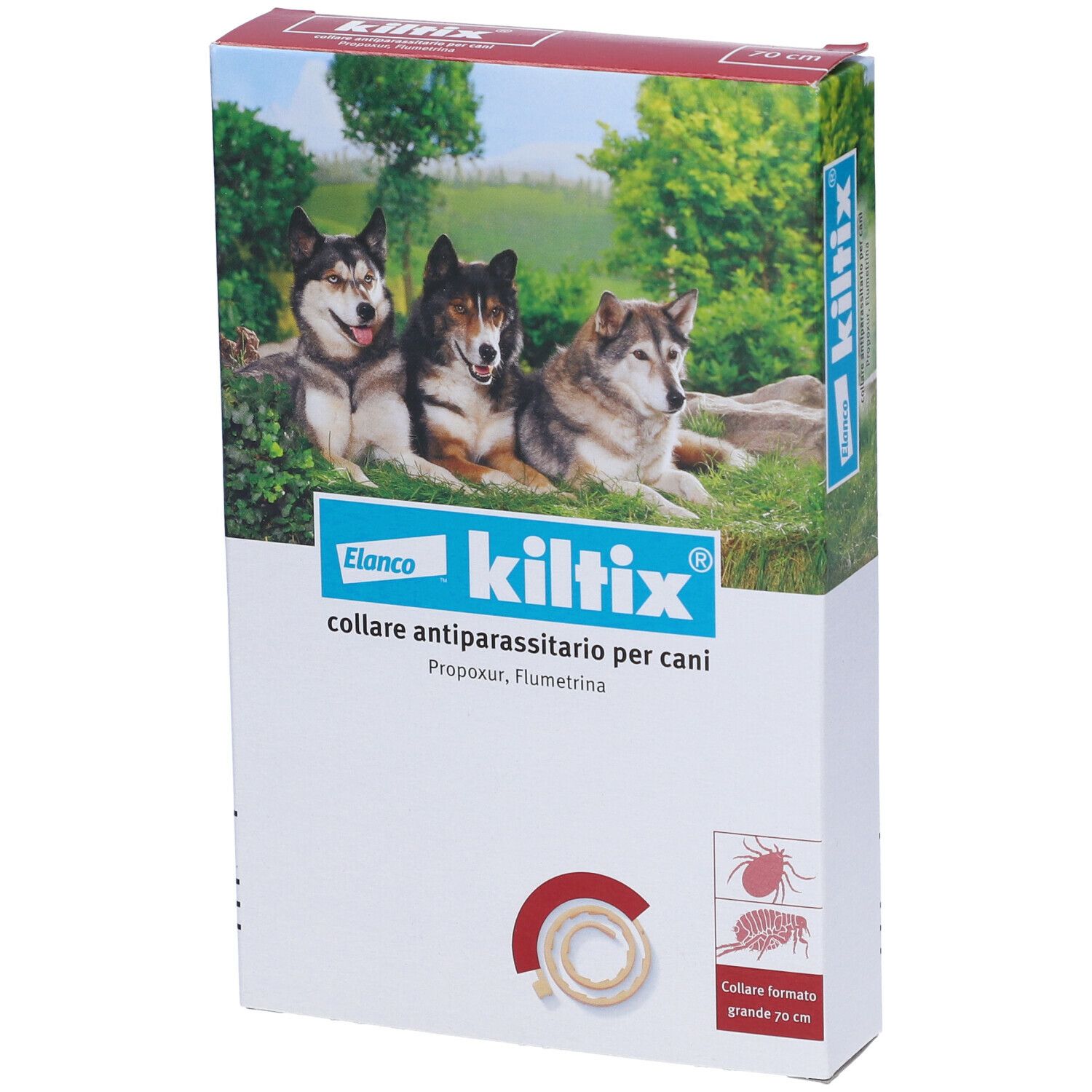 Confezione collare antiparassitario per cani. Tre cani in alto. Testo: Kiltix, Elanco, collare antiparassitario per cani. 70 cm.