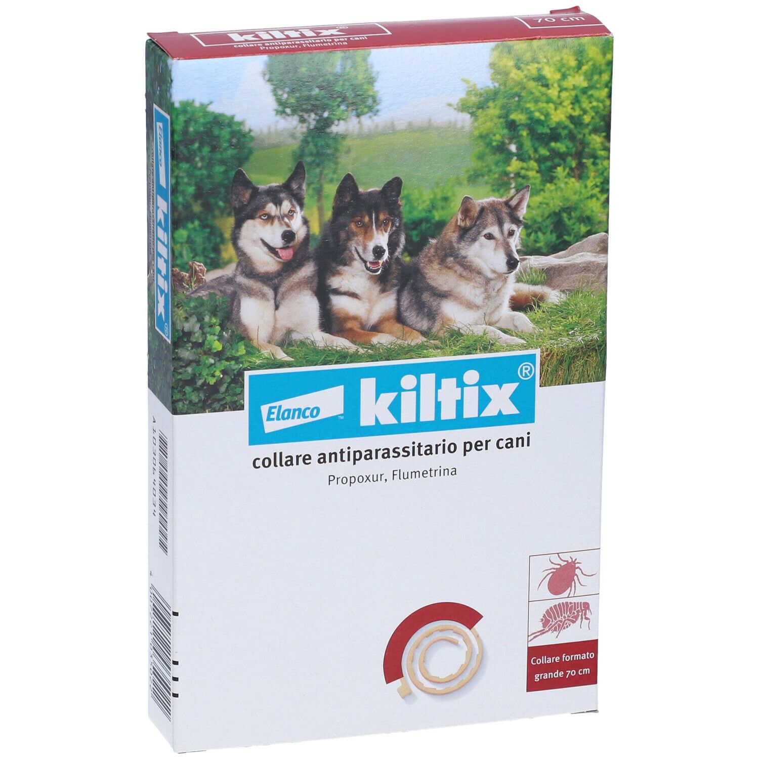 Vista frontale della confezione. Testo: Kiltix, Elanco, collare antiparassitario per cani. Immagine di cani.
