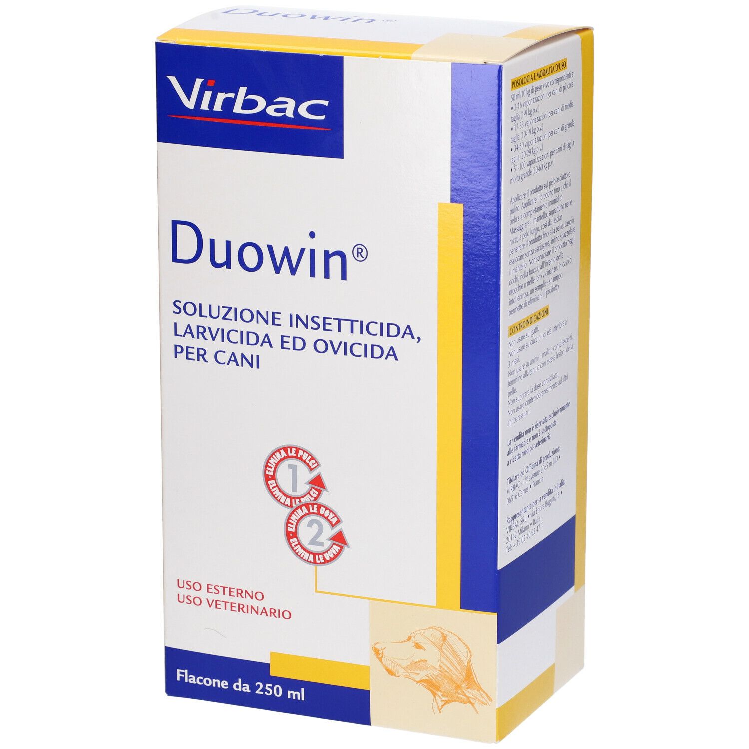 Confezione di DUOWIN. Contiene: soluzione insetticida, larvicida e ovicida per cani. Logo Virbac. 250 ml.