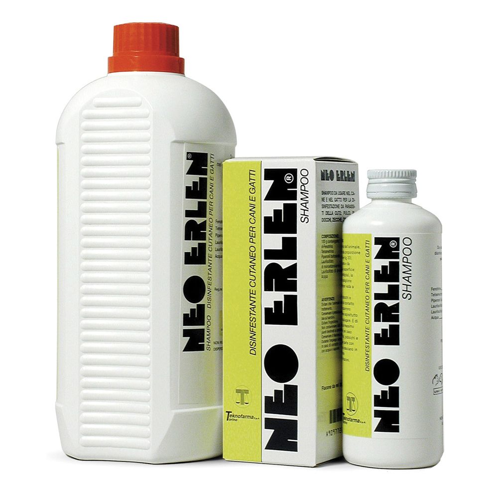 Diverse bottiglie e una scatola di shampoo Neo Erlen. Scritta: Disinfettante per cani e gatti.