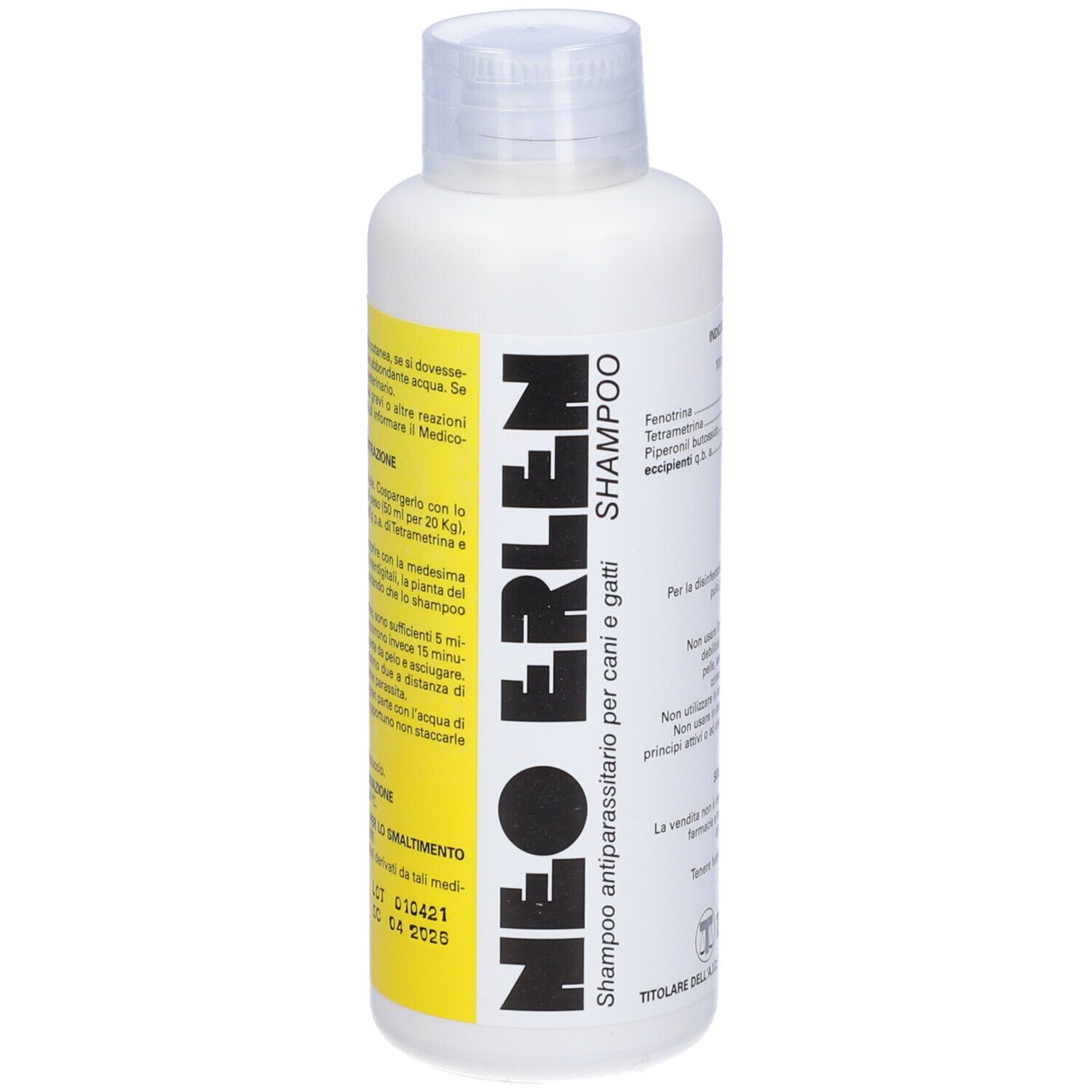 Flacone bianco di shampoo Neo Erlen. Etichetta gialla con informazioni e ingredienti.