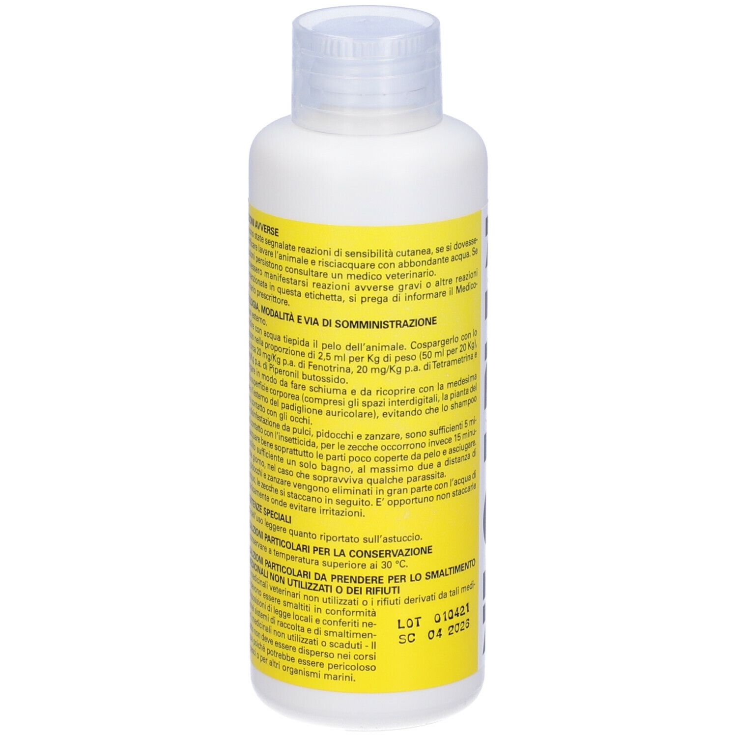 Flacone bianco di shampoo Neo Erlen. Etichetta gialla con informazioni e ingredienti.