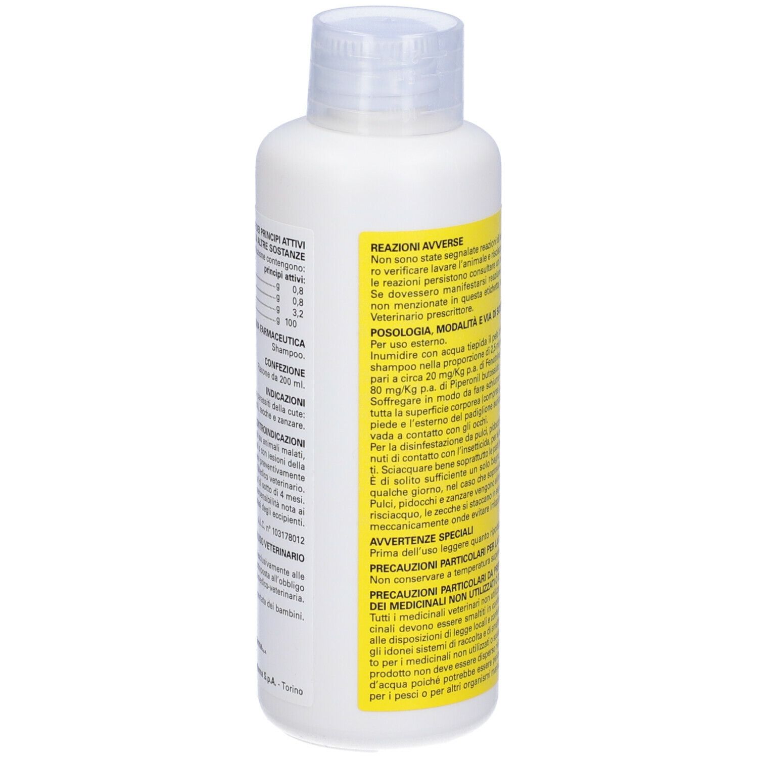 Flacone bianco di shampoo Neo Erlen. Etichetta gialla con informazioni e ingredienti.