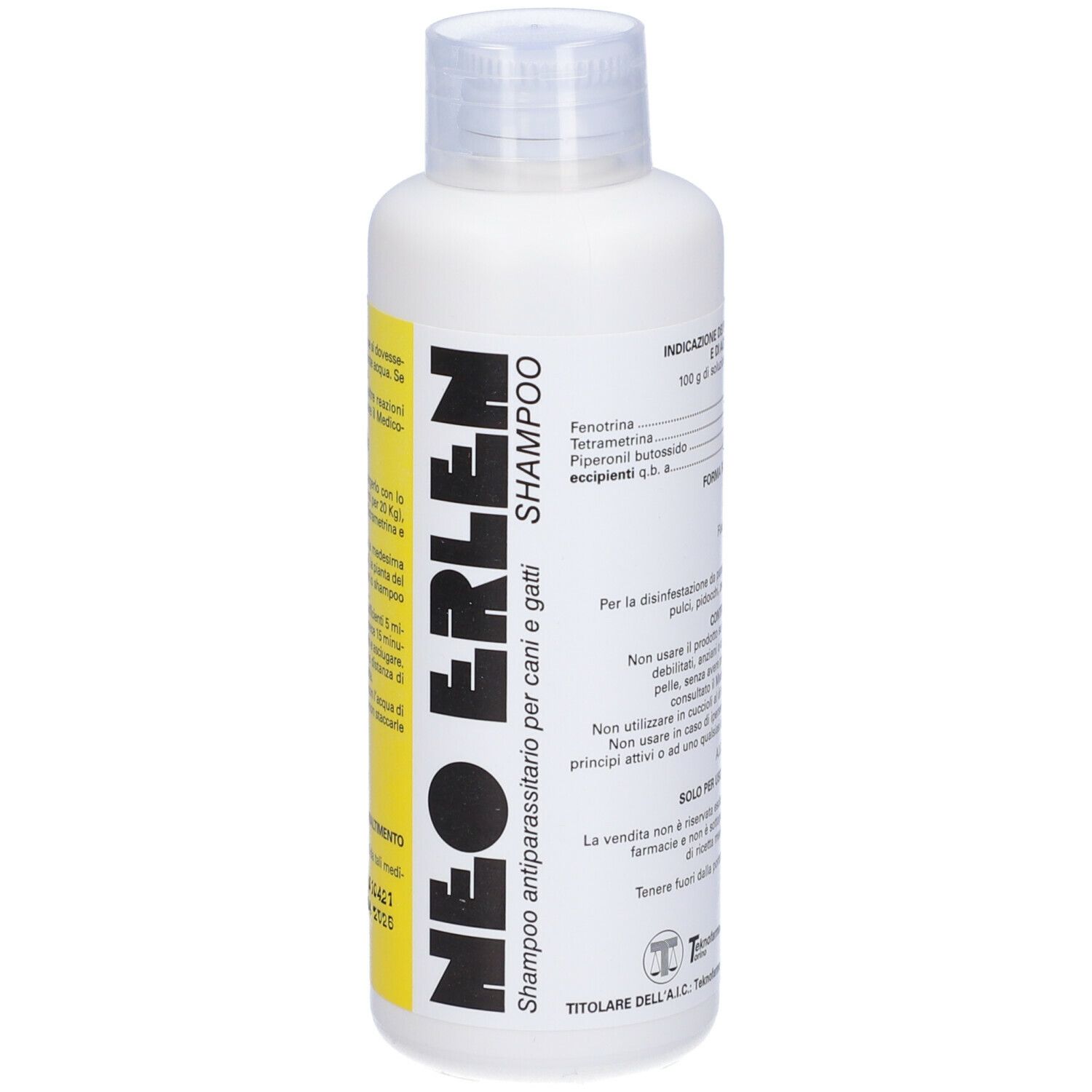 Flacone bianco di shampoo Neo Erlen. Etichetta gialla con informazioni e ingredienti.