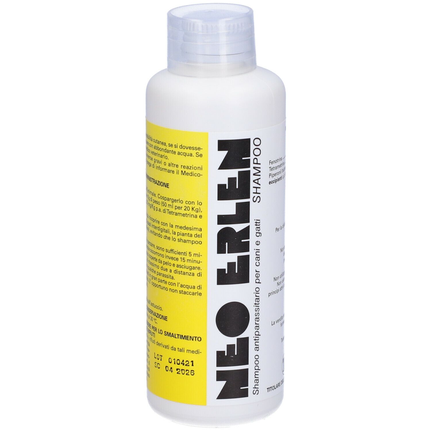 Flacone bianco di shampoo Neo Erlen. Etichetta gialla con informazioni e ingredienti.