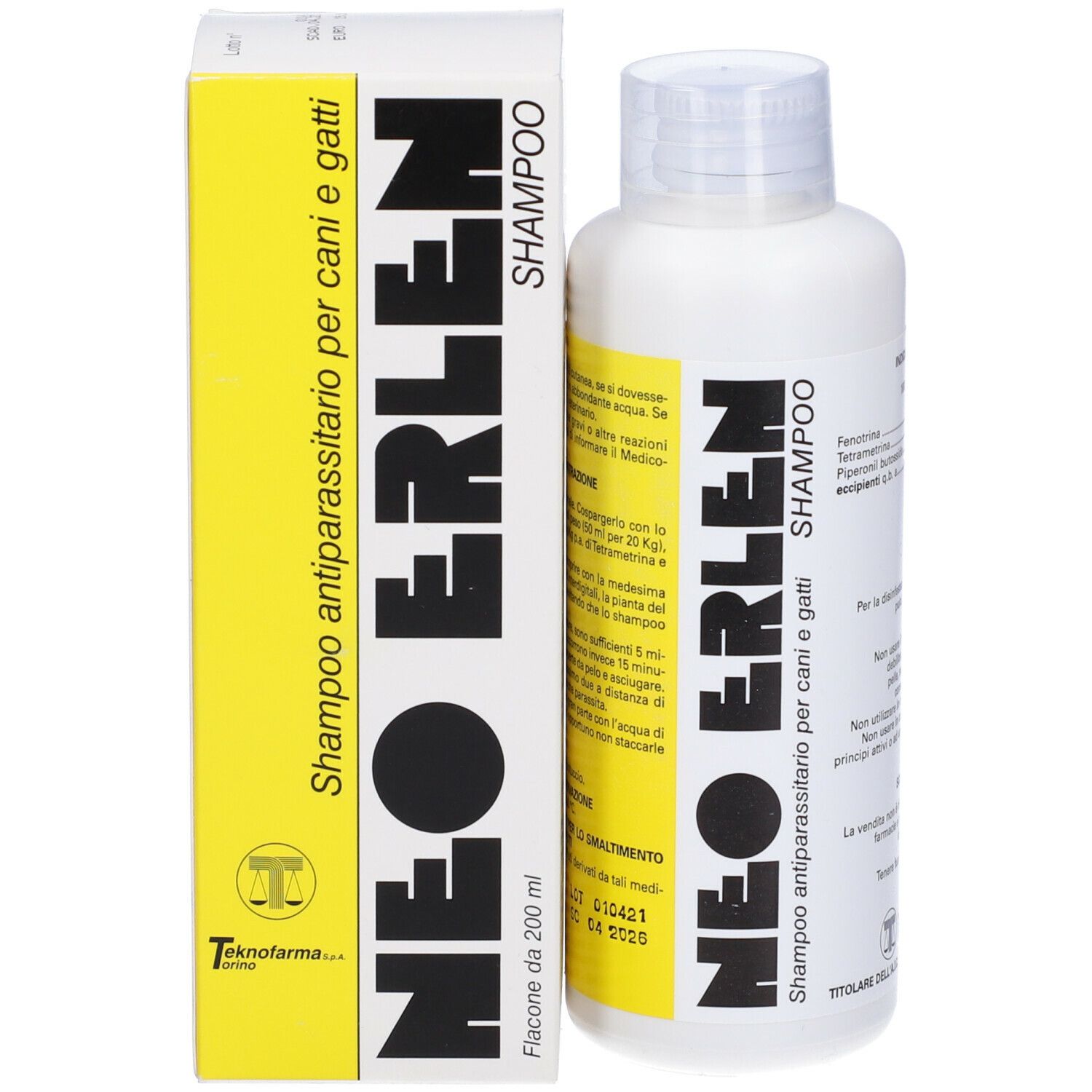 Flacone e scatola di shampoo Neo Erlen. Scritta: Shampoo antiparassitario per cani e gatti.