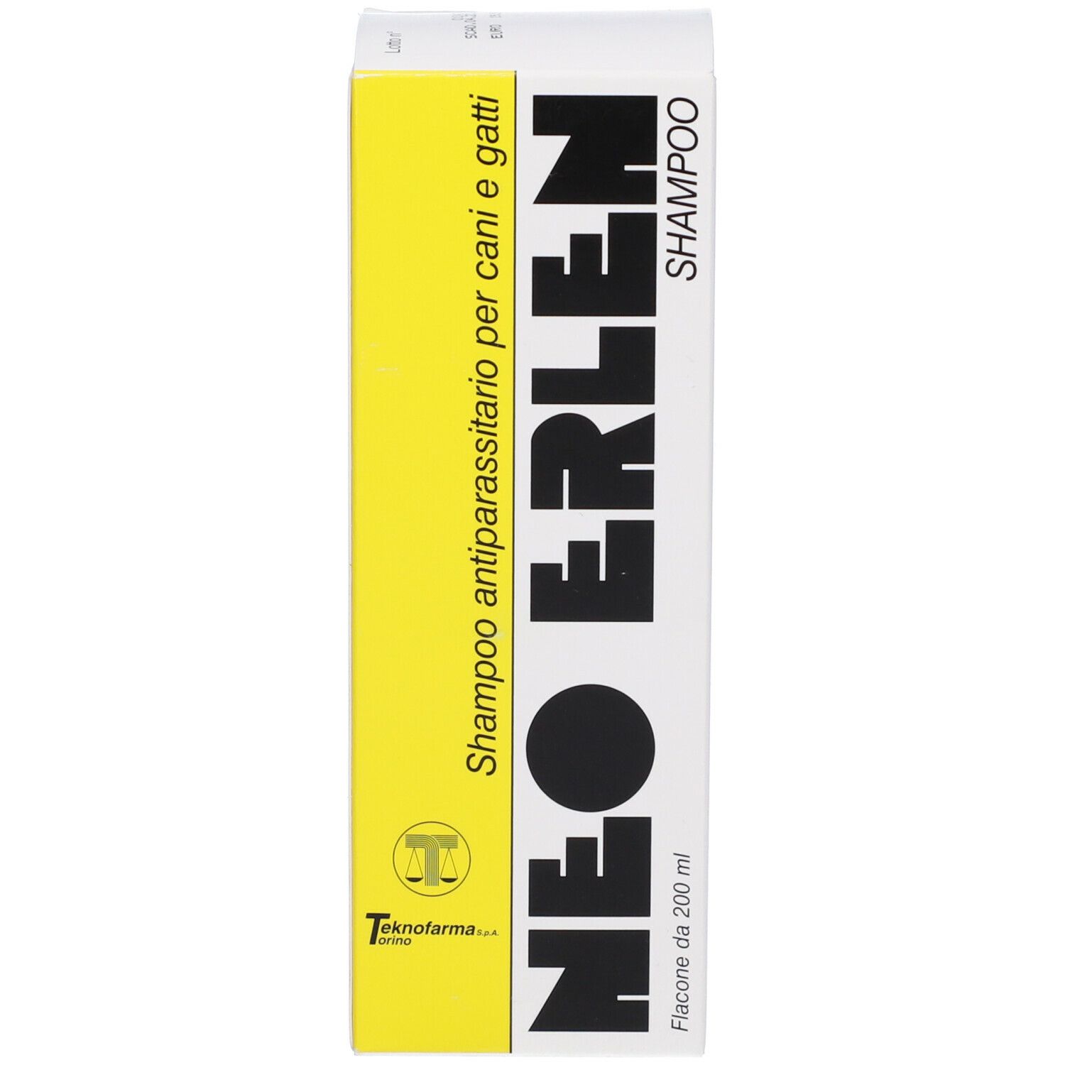 Scatola di shampoo Neo Erlen. Scritta: Shampoo antiparassitario per cani e gatti.